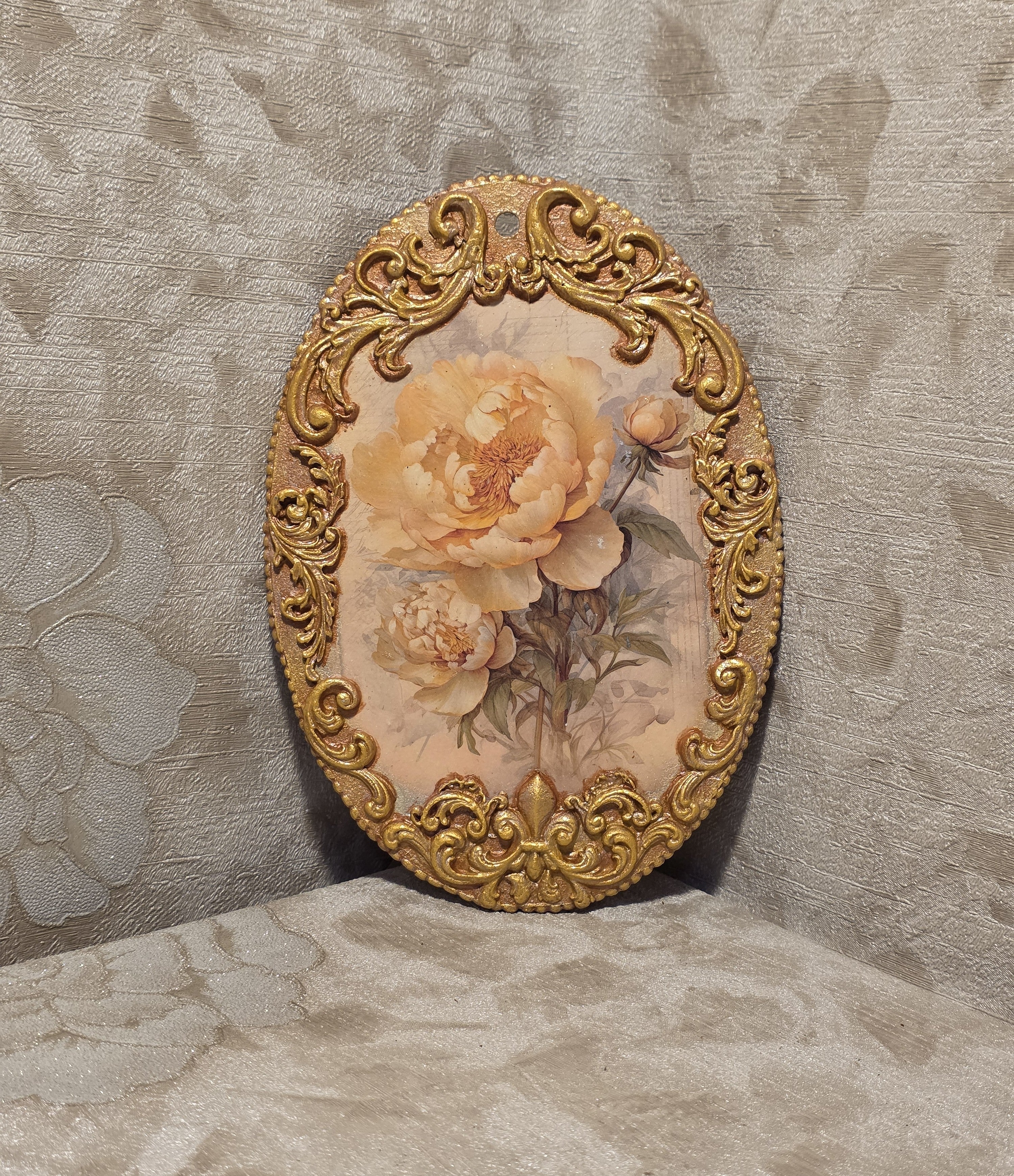 Wall Decor Plaque - Yellow Floral with Gold Baroque Frame 21x14.5cm (8.3x5.7in)