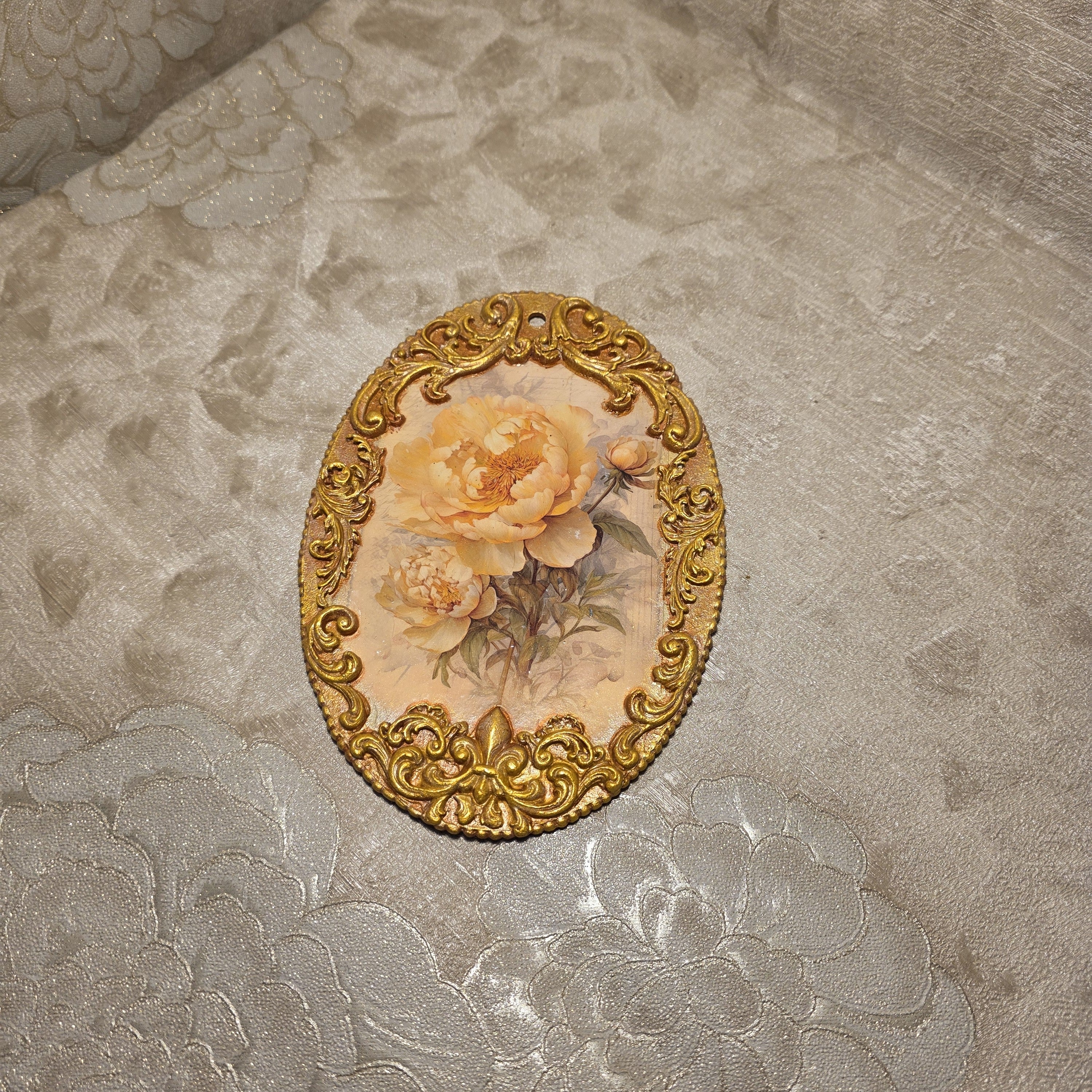 Wall Decor Plaque - Yellow Floral with Gold Baroque Frame 21x14.5cm (8.3x5.7in)