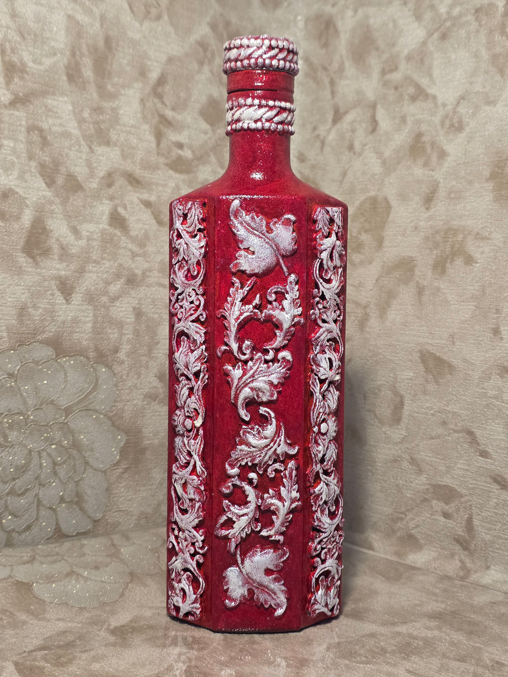 Decorated Bottle - Burgundy Red with Grape Leaves 3D Baroque 800ml (27oz) 32cm (12.6in)