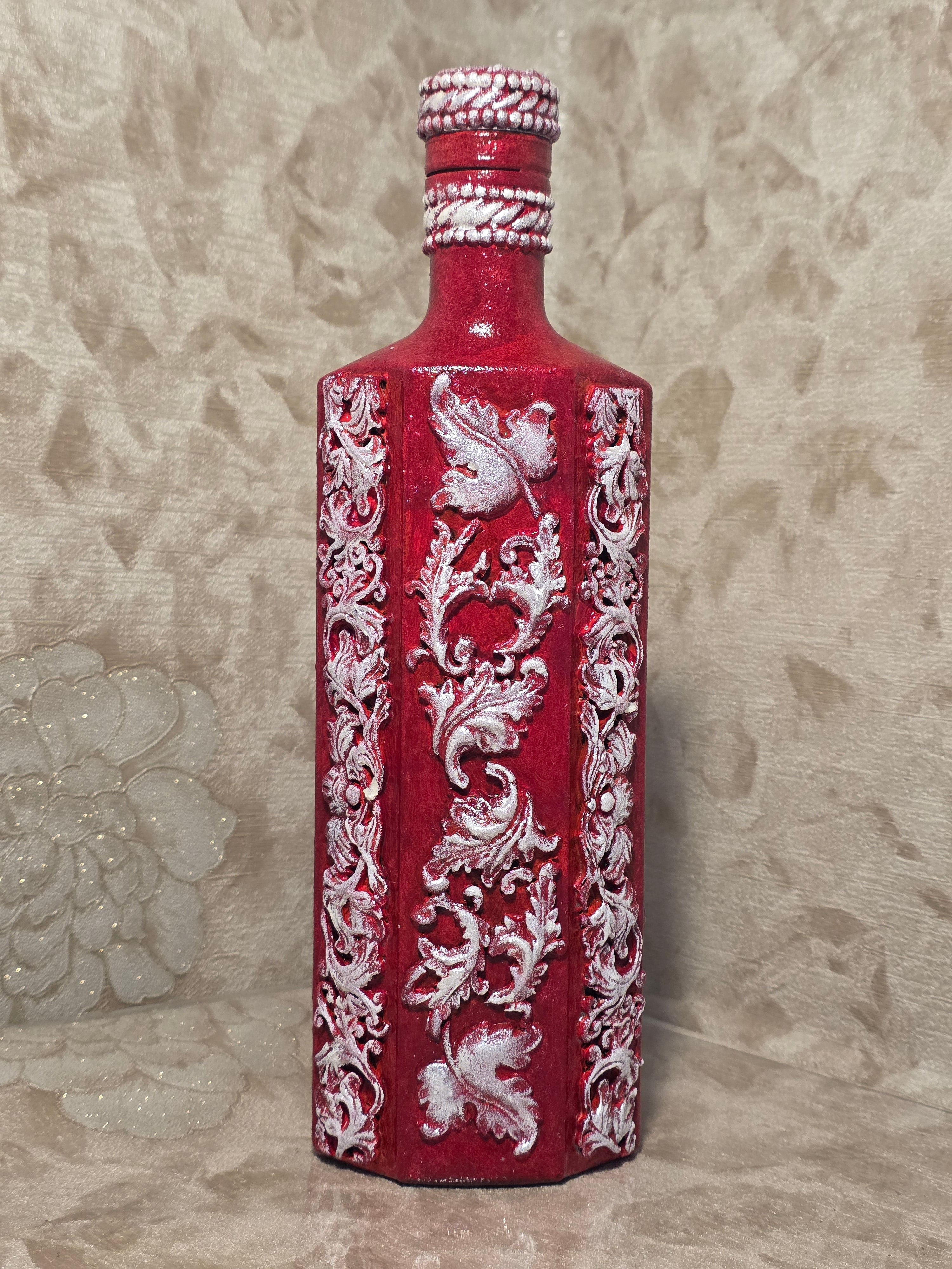 Decorated Bottle - Burgundy Red with Grape Leaves 3D Baroque 800ml (27oz) 32cm (12.6in)