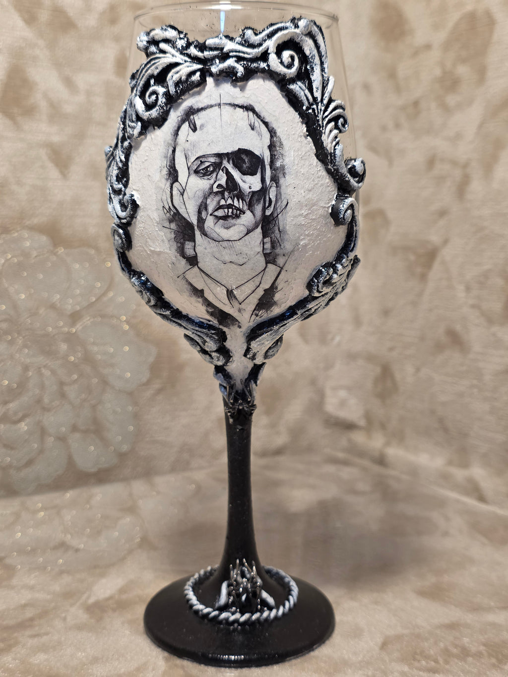 Gothic Portrait Wine Glass - Handcrafted Decoupage Art