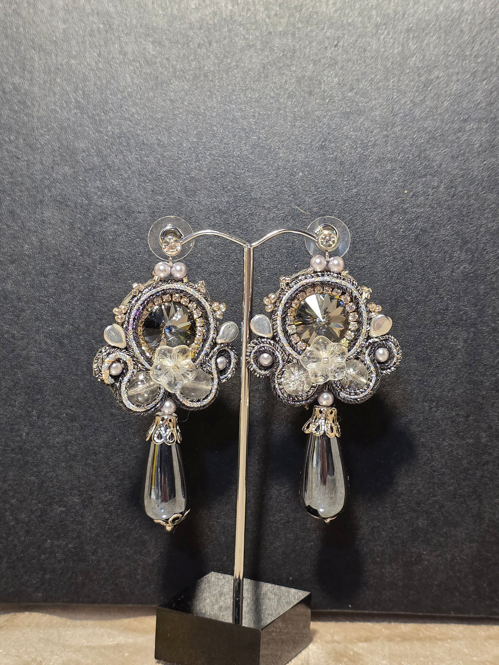 Silver Soutache Earrings - Handmade Crystal & Black Drop Jewelry