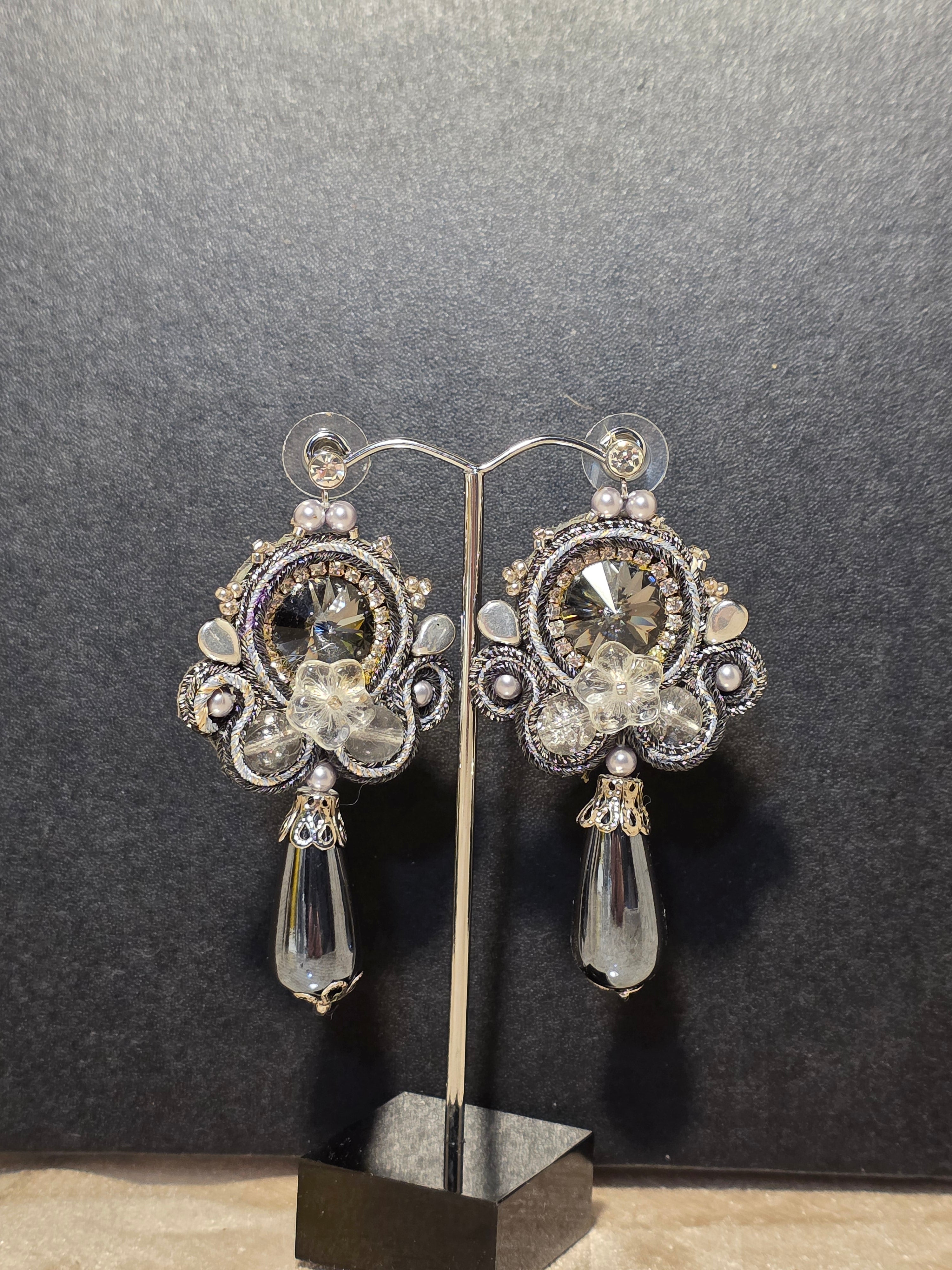 Silver Soutache Earrings - Handmade Crystal & Black Drop Jewelry