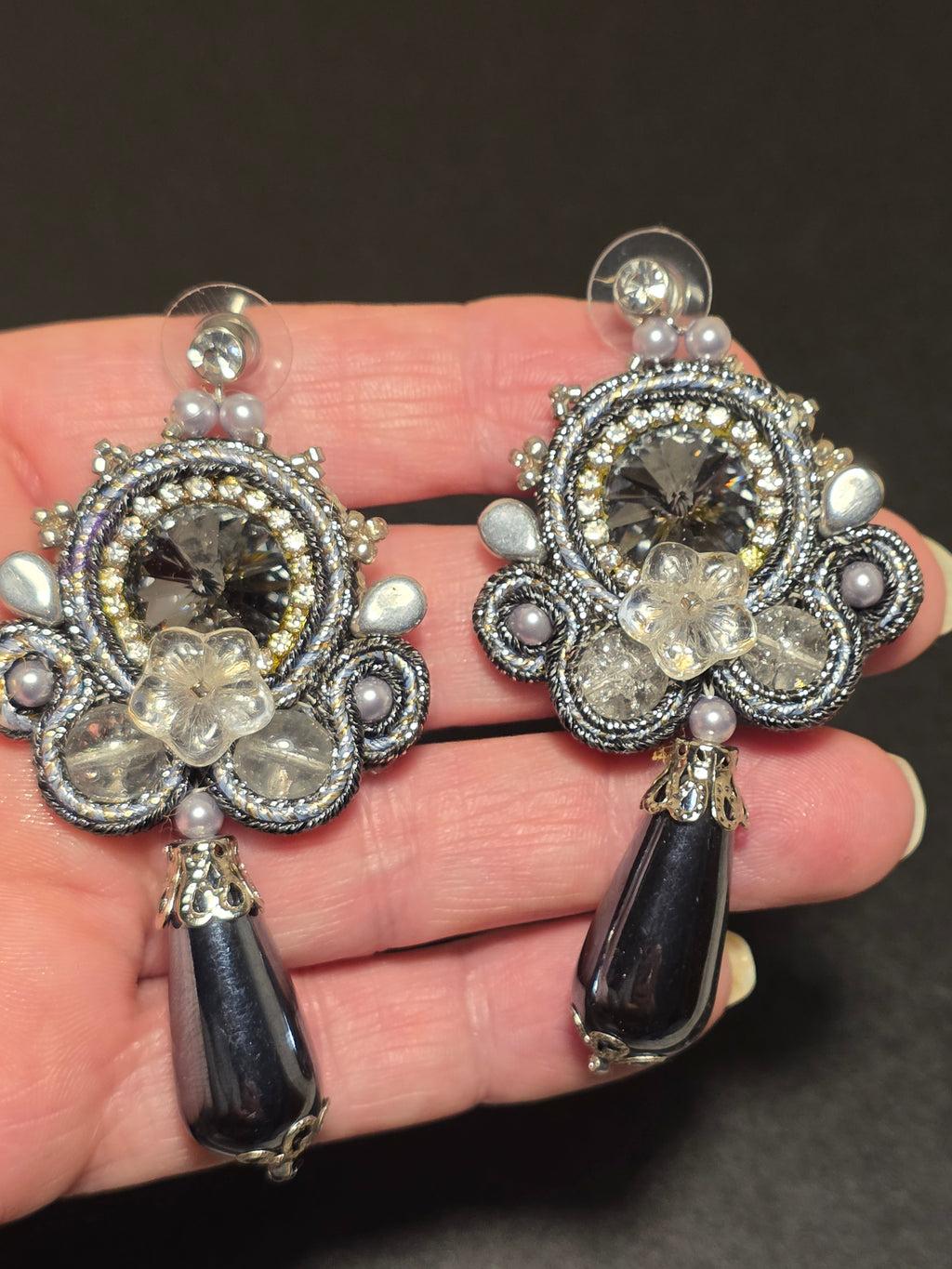 Silver Soutache Earrings - Handmade Crystal & Black Drop Jewelry