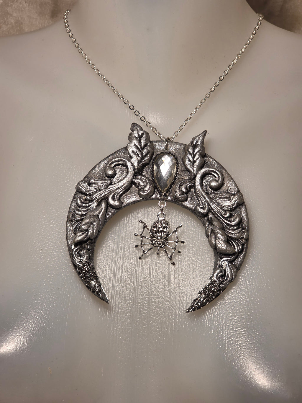 Gothic Crescent Moon Necklace - Handmade Polymer Clay with Spider Charm 10cm (3.9in)