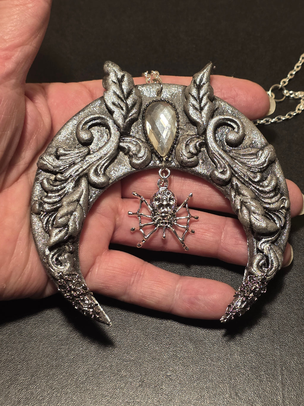 Gothic Crescent Moon Necklace - Handmade Polymer Clay with Spider Charm 10cm (3.9in)