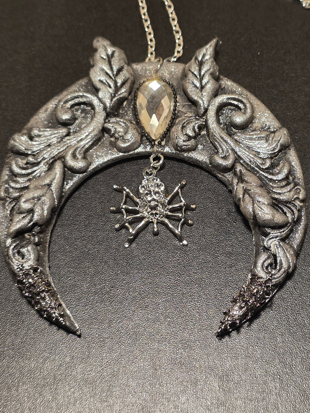Gothic Crescent Moon Necklace - Handmade Polymer Clay with Spider Charm 10cm (3.9in)