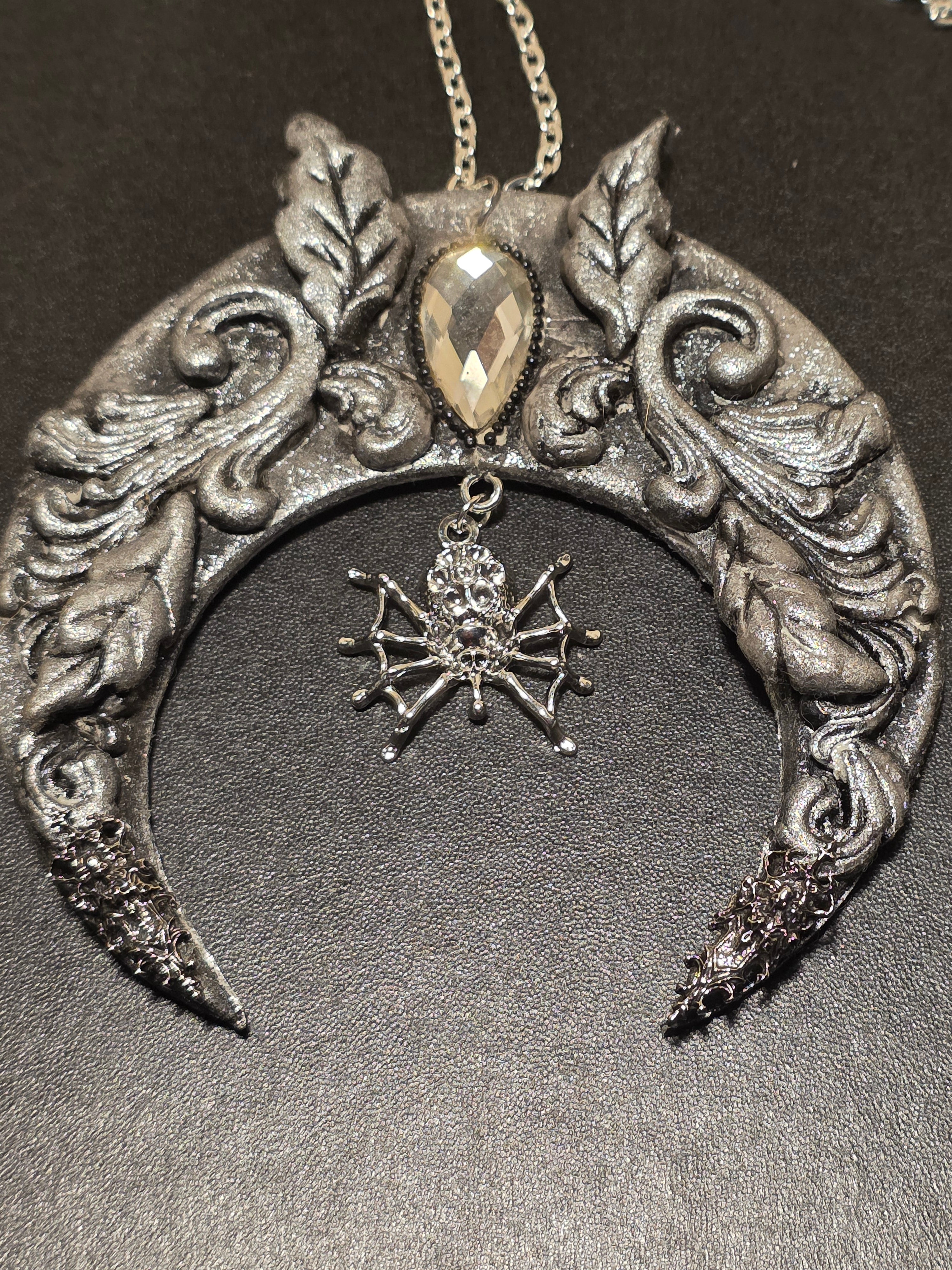 Gothic Crescent Moon Necklace - Handmade Polymer Clay with Spider Charm 10cm (3.9in)