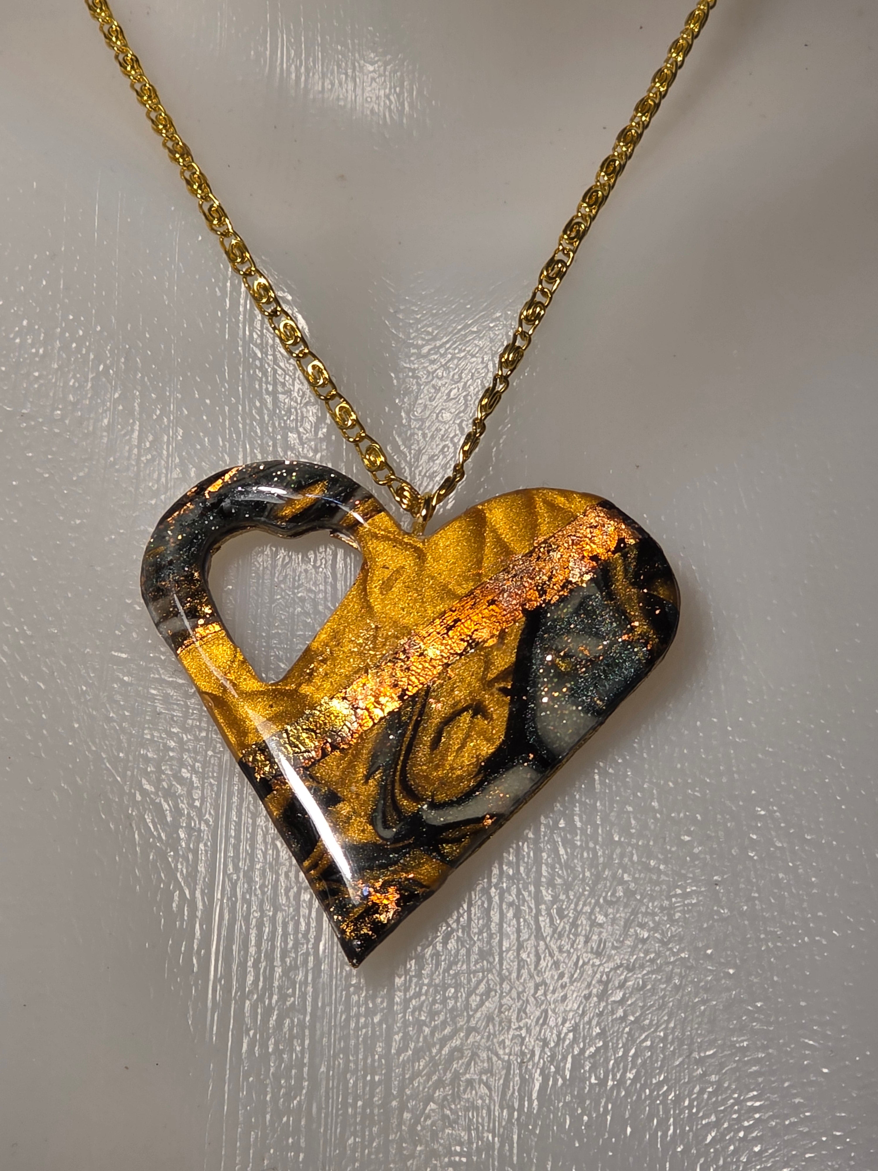 Gold & Black Heart Necklace - Handmade Resin Pendant 6x6cm (2.4in)