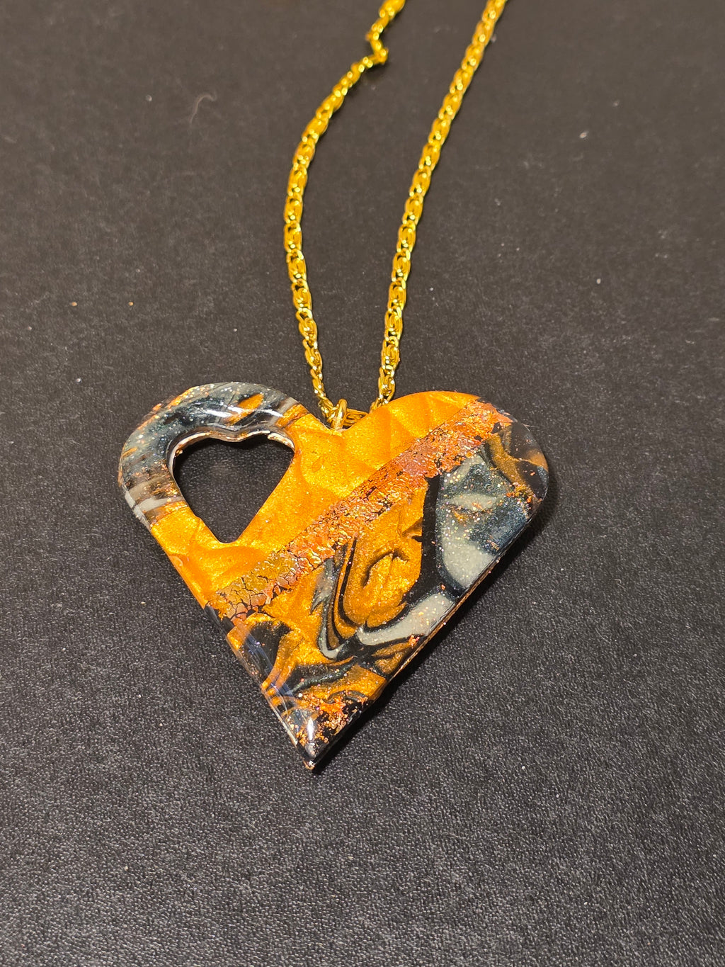Gold & Black Heart Necklace - Handmade Resin Pendant 6x6cm (2.4in)