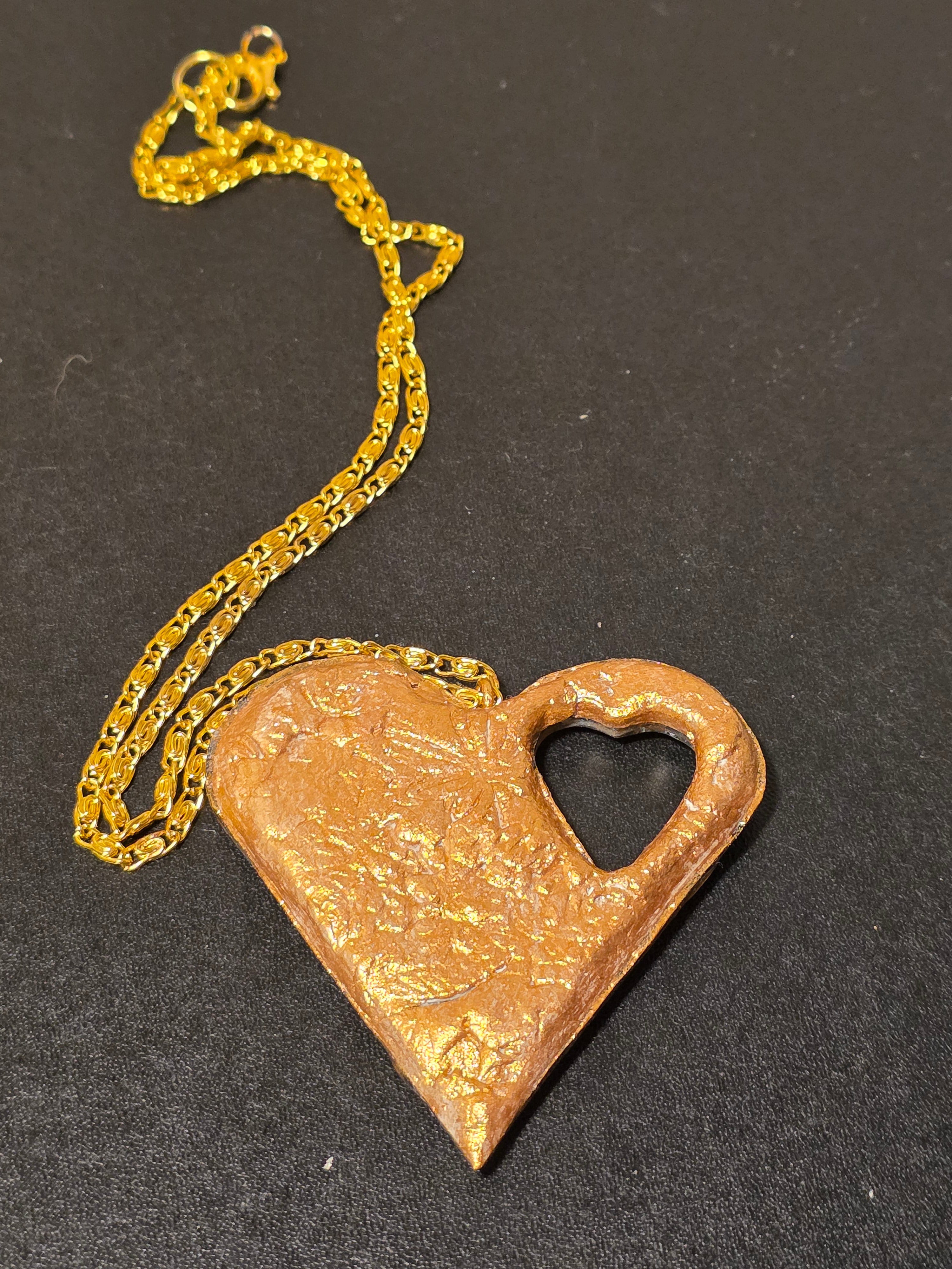 Gold & Black Heart Necklace - Handmade Resin Pendant 6x6cm (2.4in)