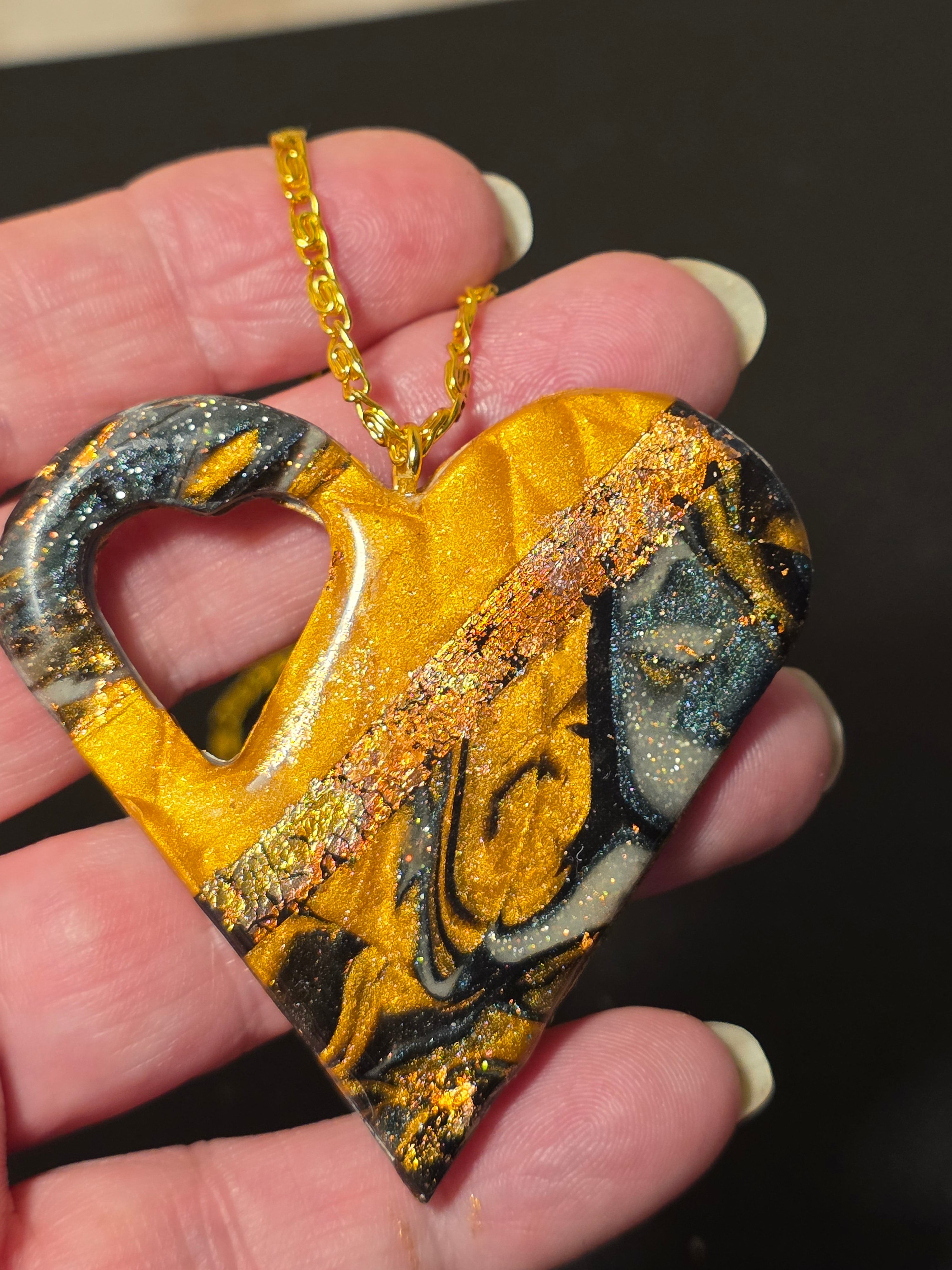 Gold & Black Heart Necklace - Handmade Resin Pendant 6x6cm (2.4in)