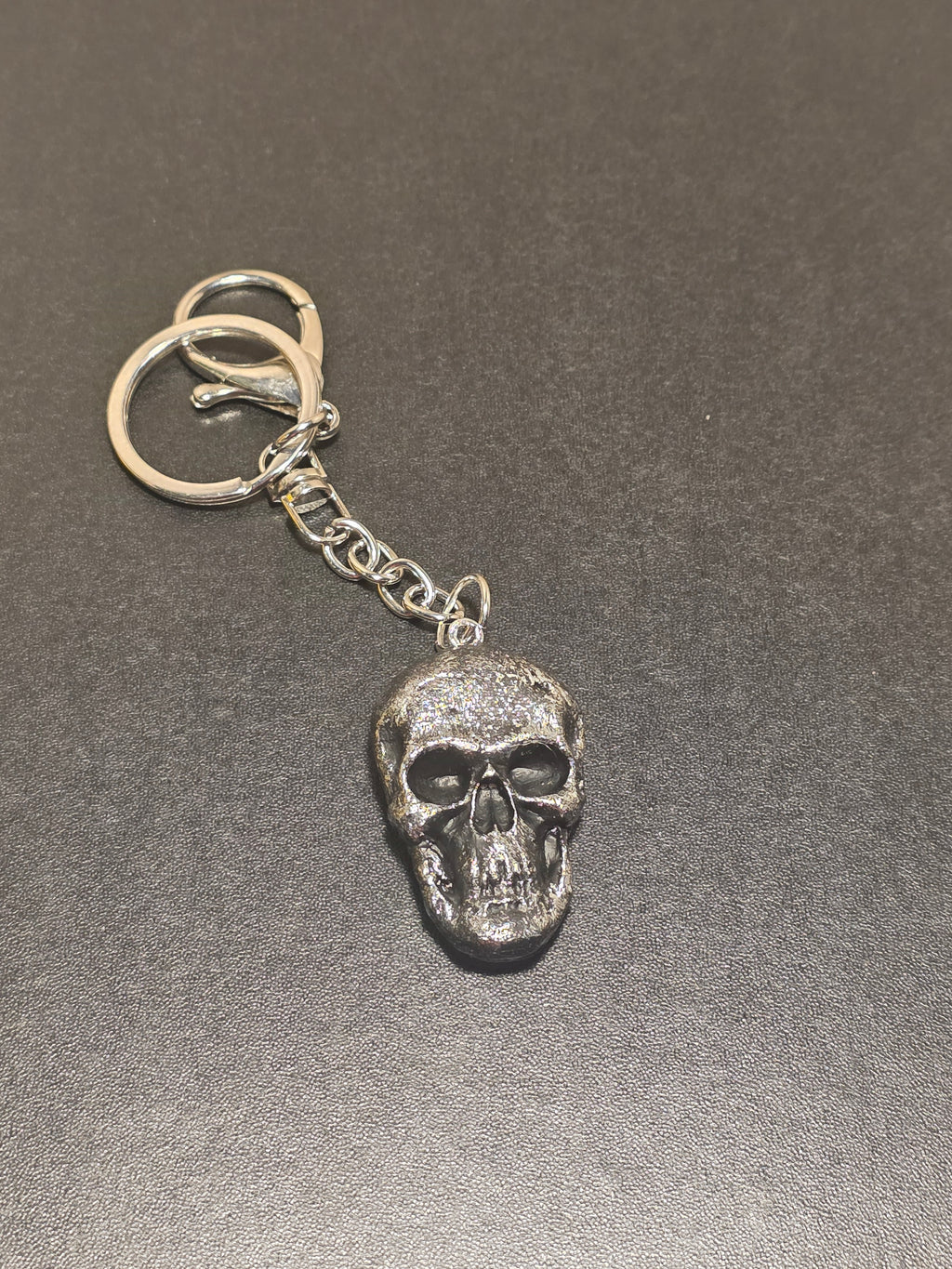 Silver Skull Keychain - Handmade Polymer Clay Gothic Accessory 13cm (5.1in)