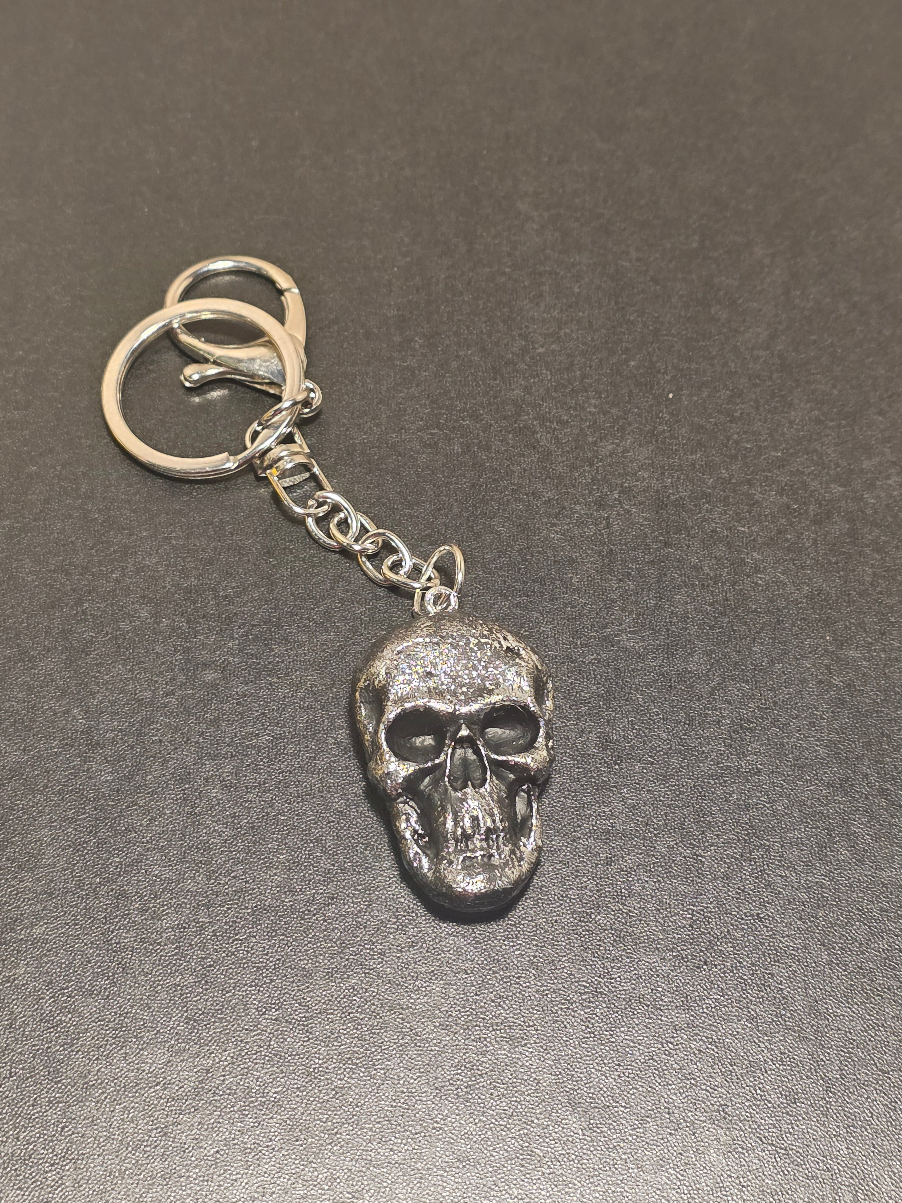 Silver Skull Keychain - Handmade Polymer Clay Gothic Accessory 13cm (5.1in)
