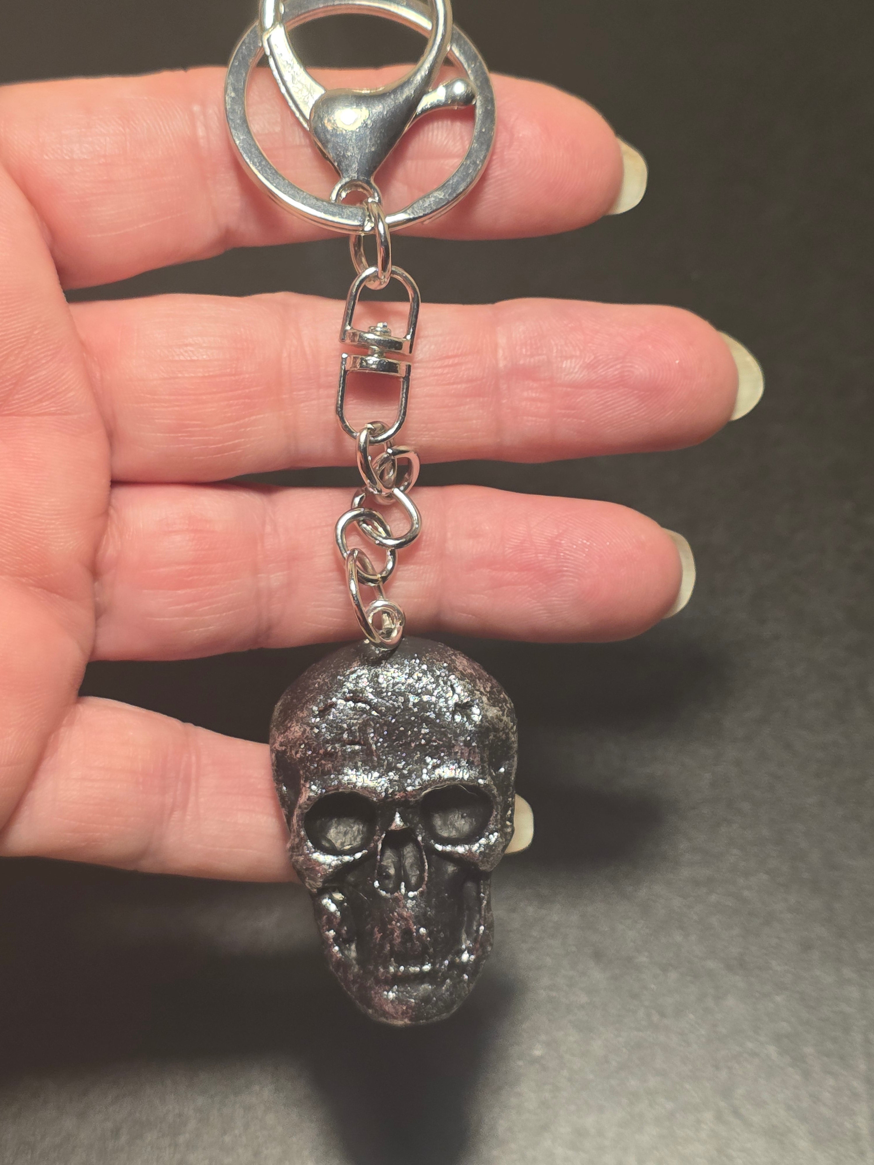 Silver Skull Keychain - Handmade Polymer Clay Gothic Accessory 13cm (5.1in)
