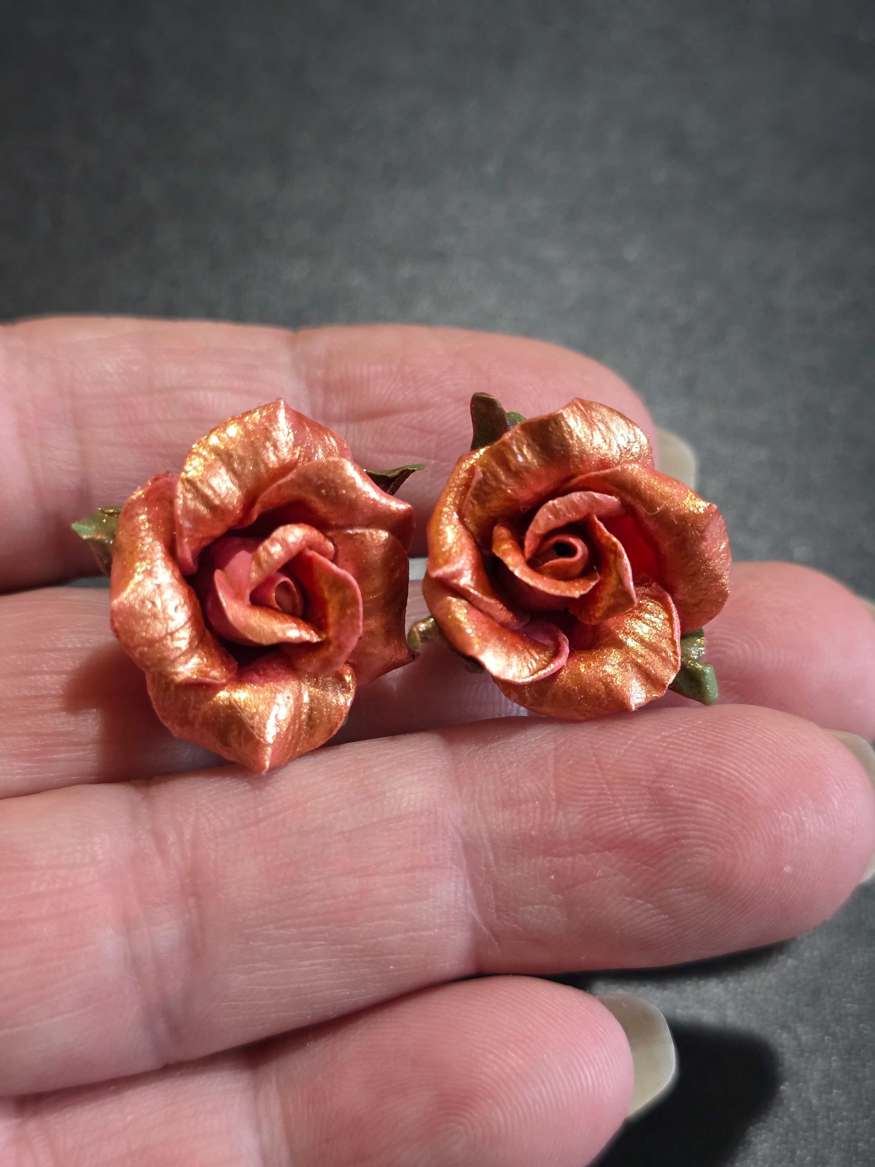 Bronze Rose Stud Earrings - Handmade Polymer Clay Mini Flowers 2.5cm (1in)
