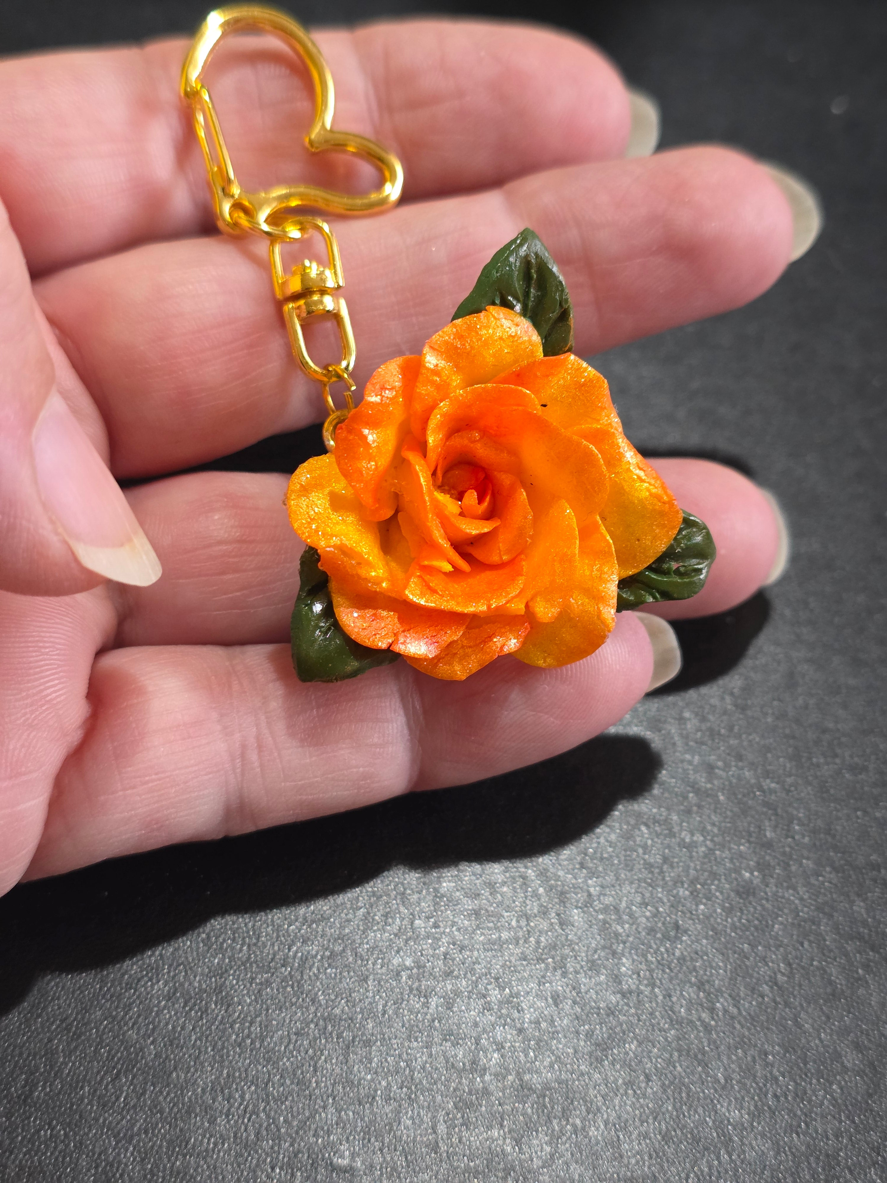 Orange Rose Keychain & Bag Charm - Handmade Polymer Clay 4.5cm (1.8in)