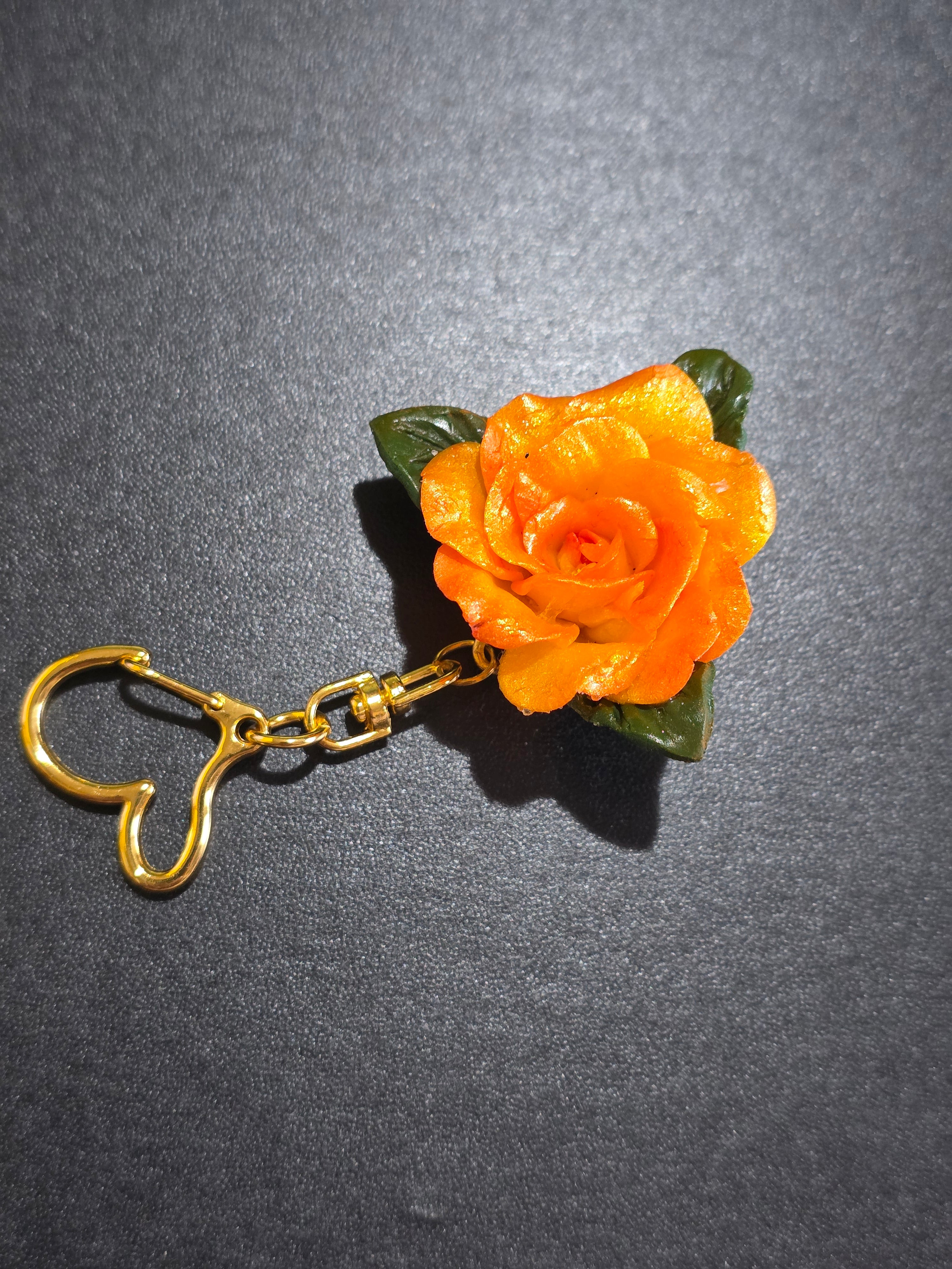 Orange Rose Keychain & Bag Charm - Handmade Polymer Clay 4.5cm (1.8in)