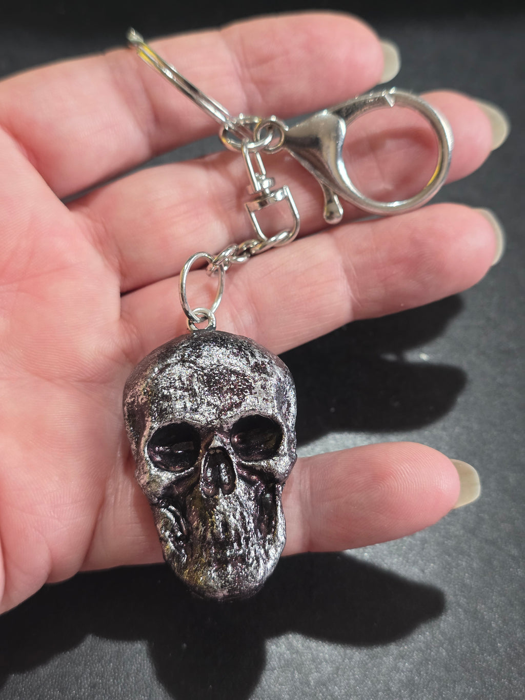 Silver Skull Keychain - Handmade Polymer Clay Gothic Accessory 13cm (5.1in)