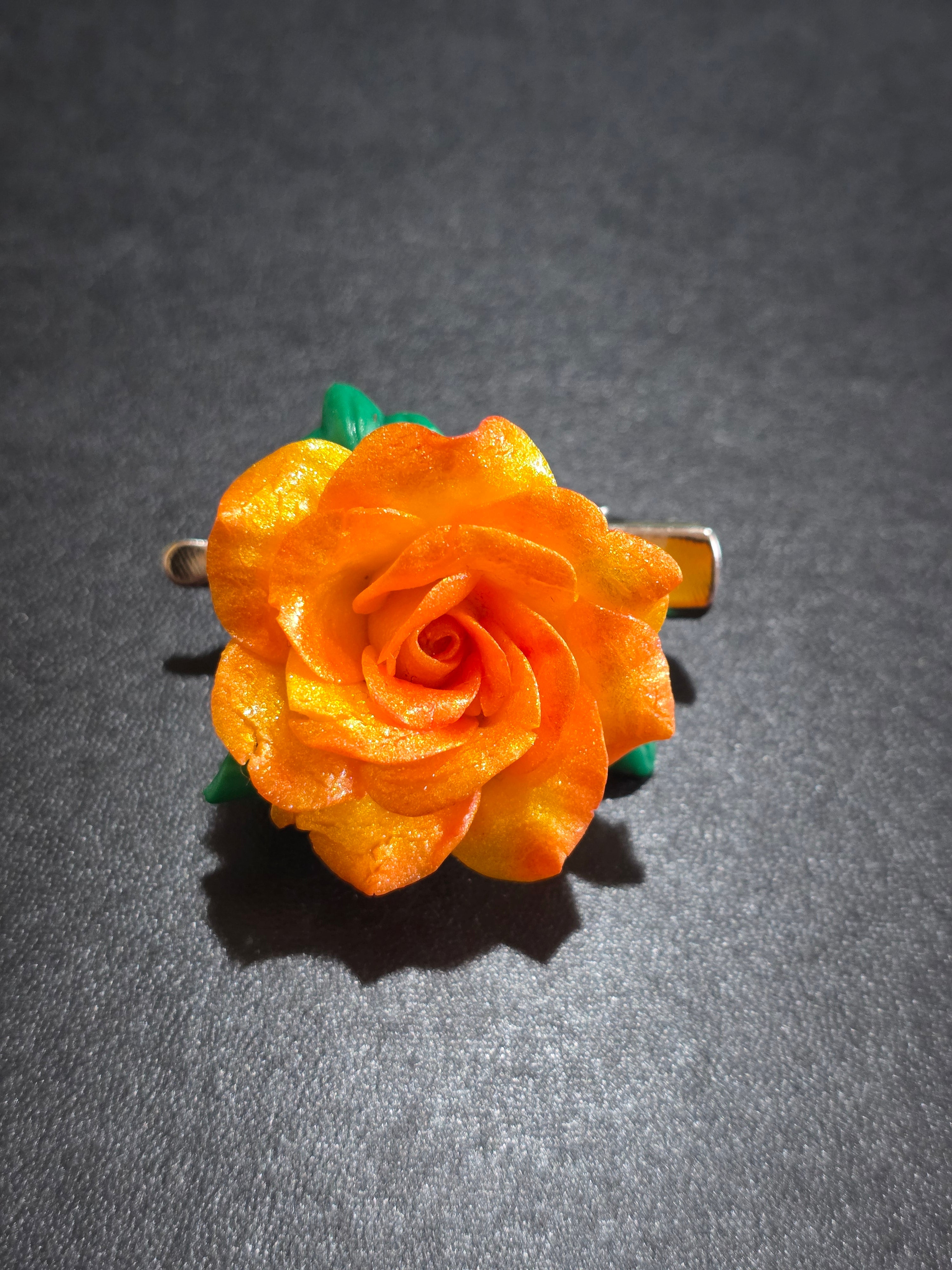 Orange Rose Hair Clip & Brooch - 2-in-1 Polymer Clay Flower 3.5cm (1.4in)