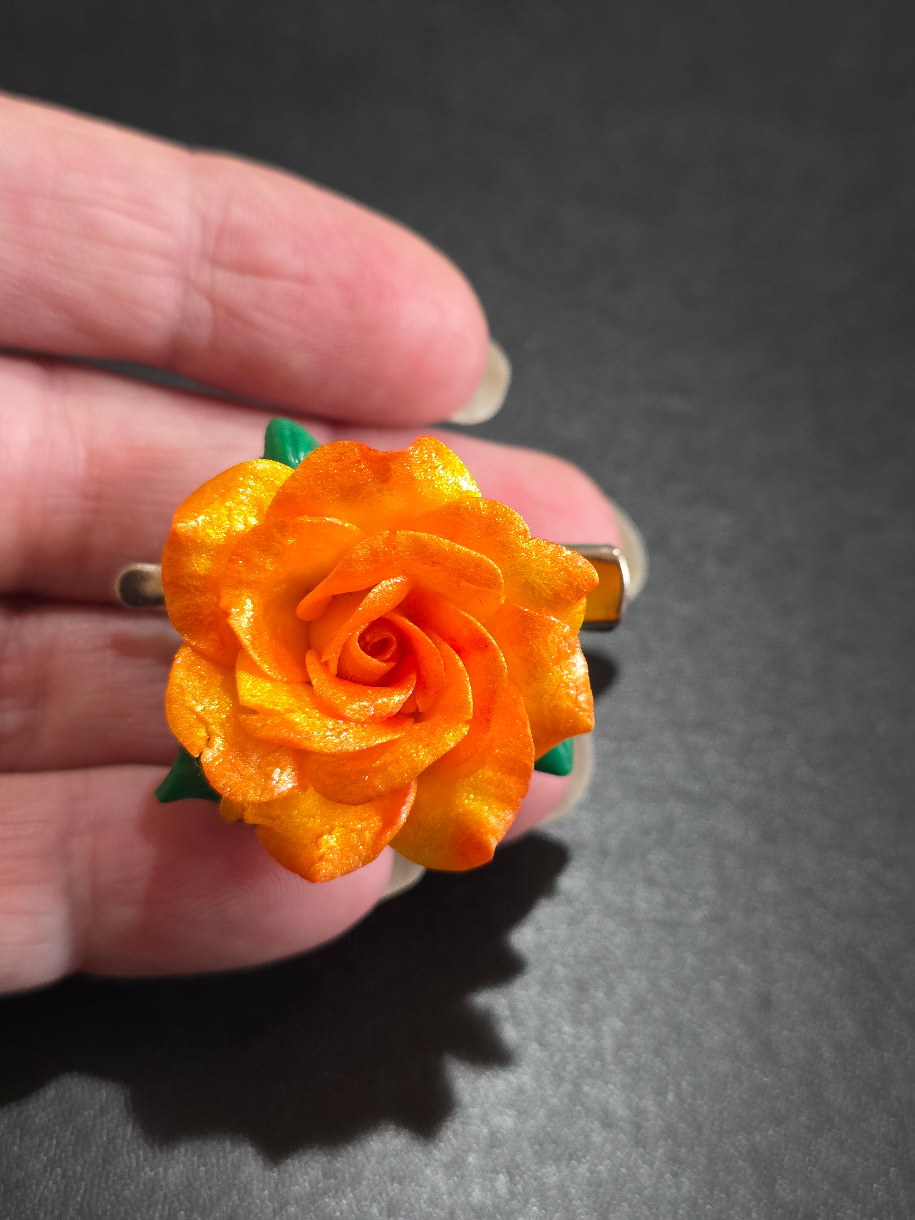 Orange Rose Hair Clip & Brooch - 2-in-1 Polymer Clay Flower 3.5cm (1.4in)