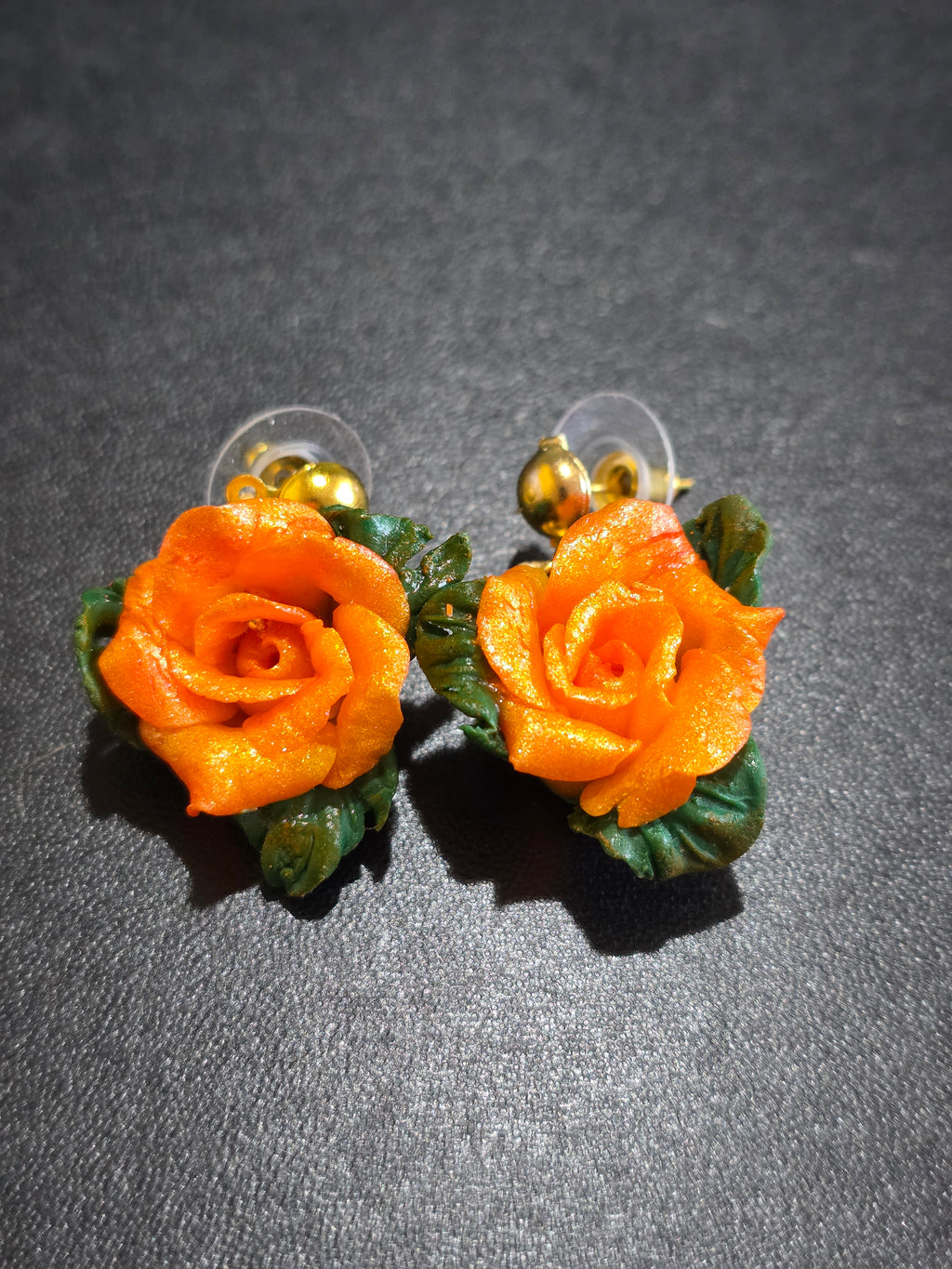 Polymer Clay Earrings with Orange Roses - Handmade Floral Jewelry 3.5cm (1.4in)