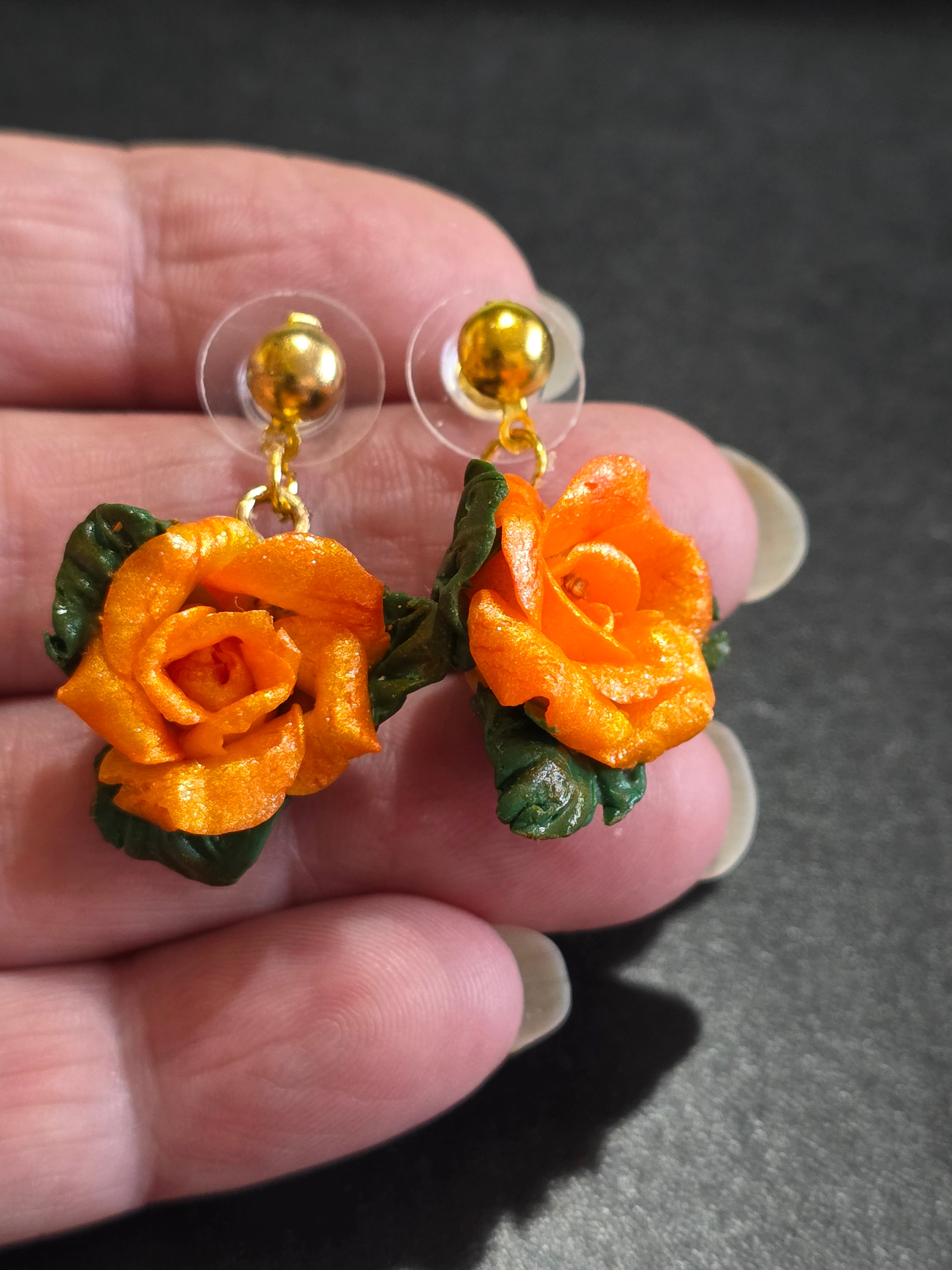 Polymer Clay Earrings with Orange Roses - Handmade Floral Jewelry 3.5cm (1.4in)