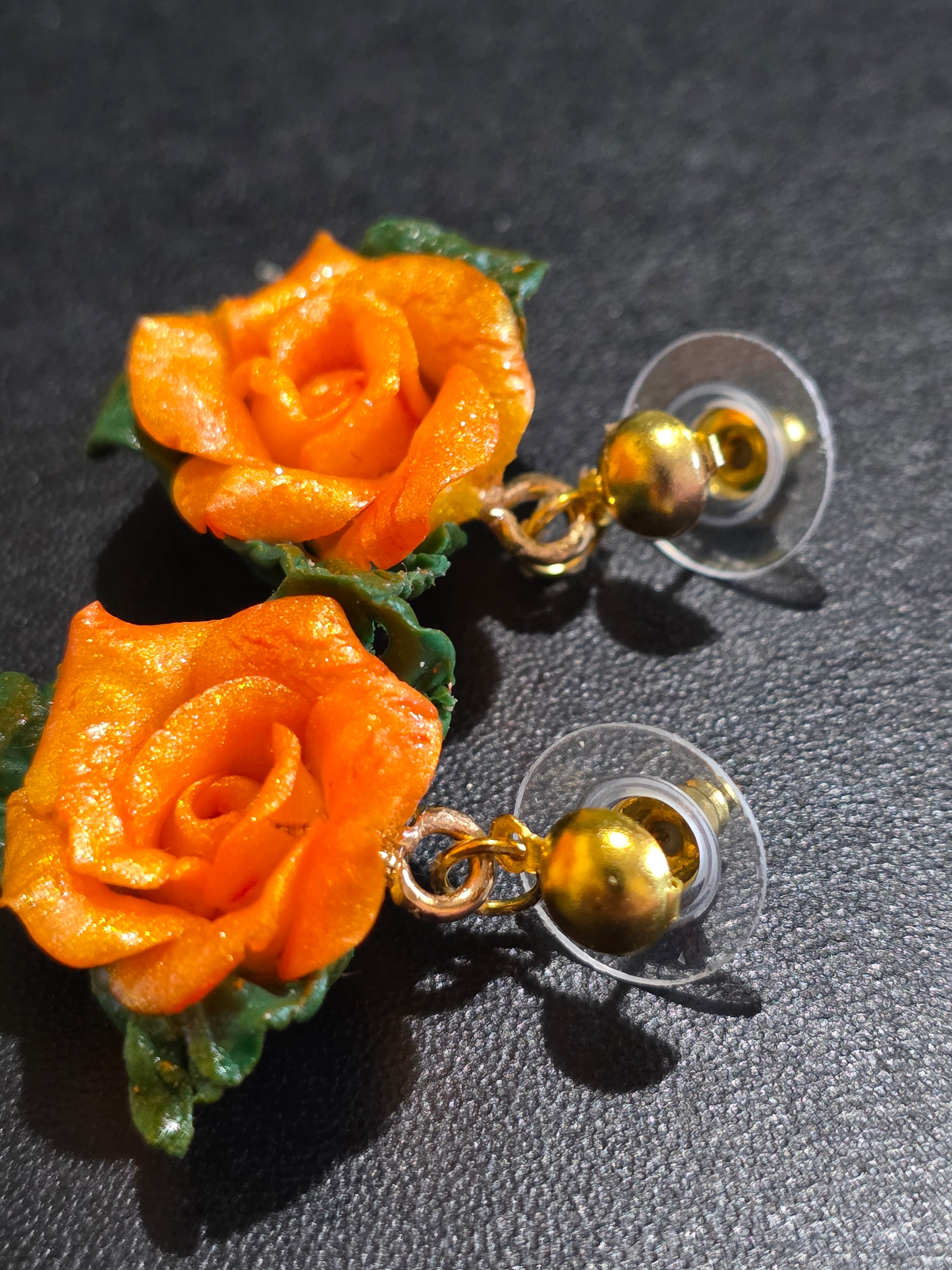 Polymer Clay Earrings with Orange Roses - Handmade Floral Jewelry 3.5cm (1.4in)