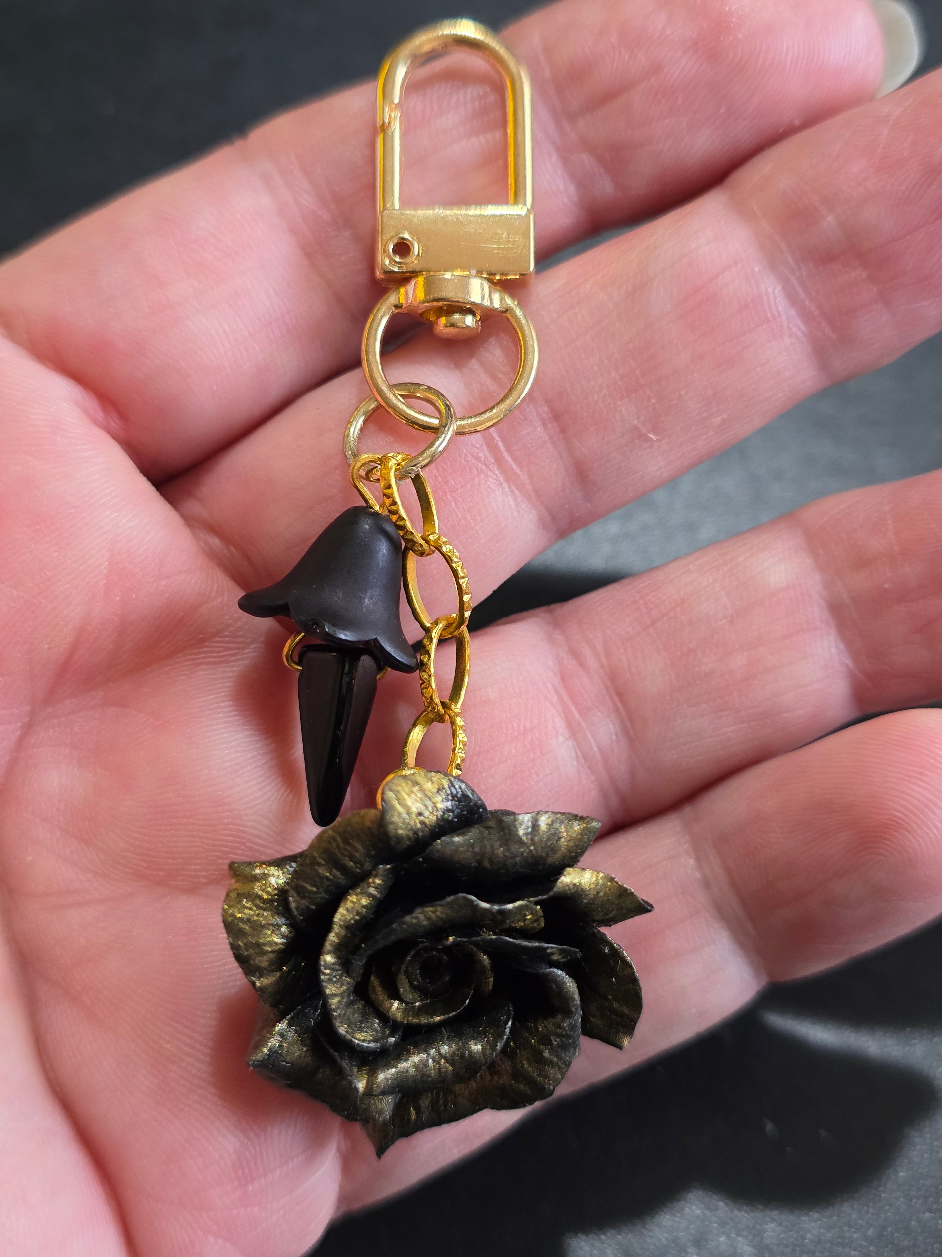 Gothic Keychain with Black and Gold Rose - Polymer Clay Bag Charm 8.5cm (3.3in)