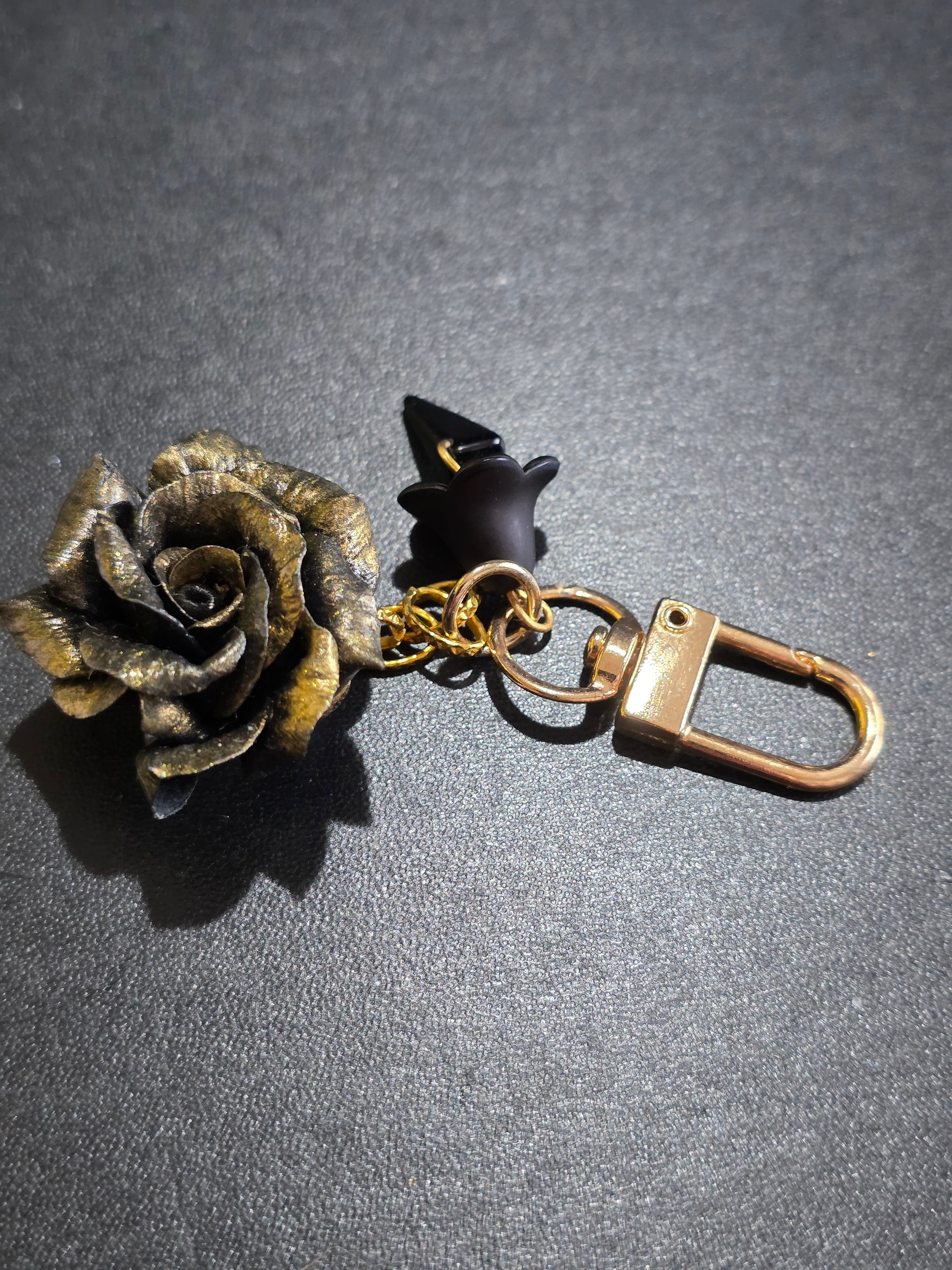 Gothic Keychain with Black and Gold Rose - Polymer Clay Bag Charm 8.5cm (3.3in)