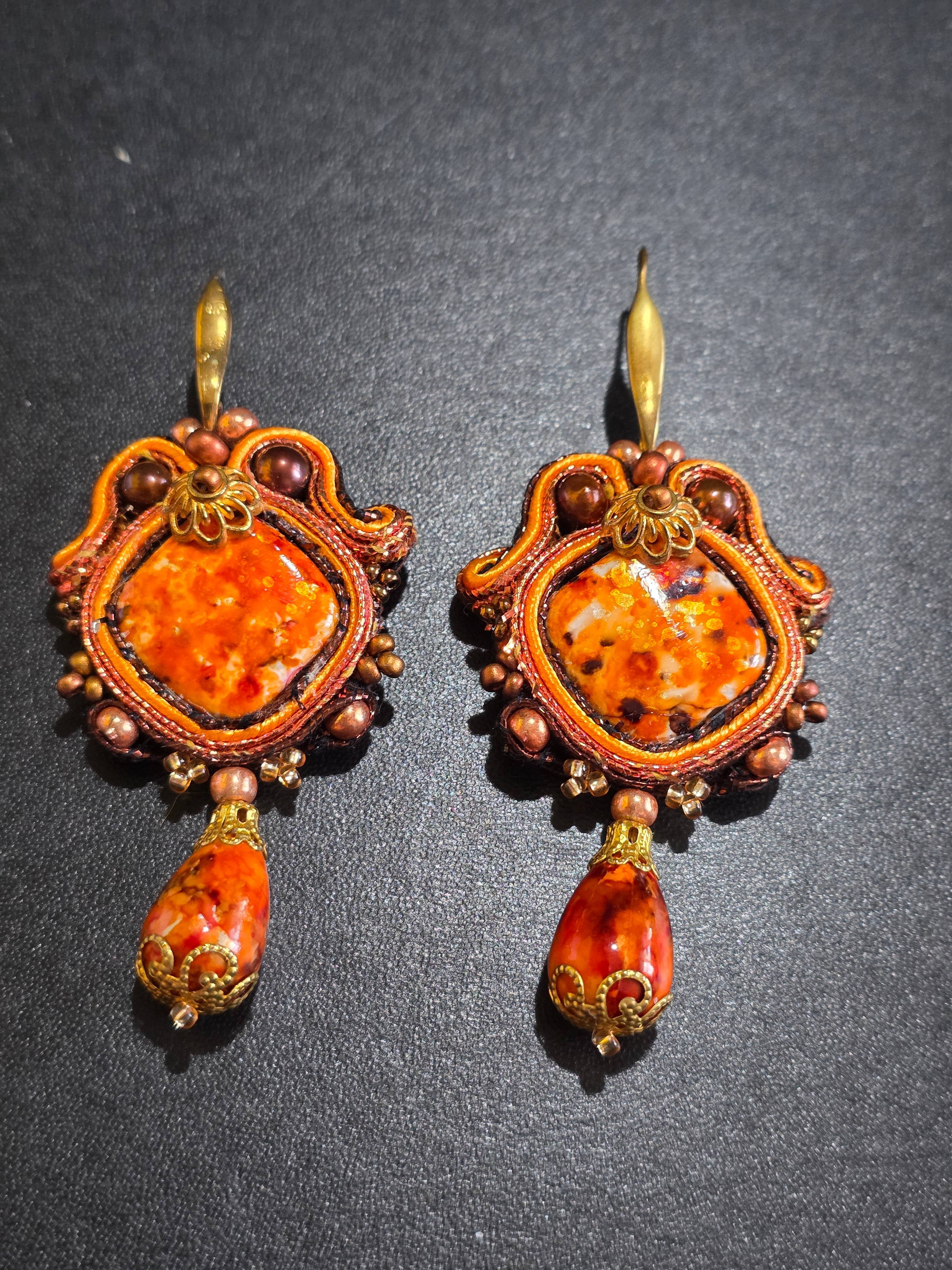 Soutache Earrings in Orange and Gold - Handmade Statement Jewelry 7.5cm (3in)