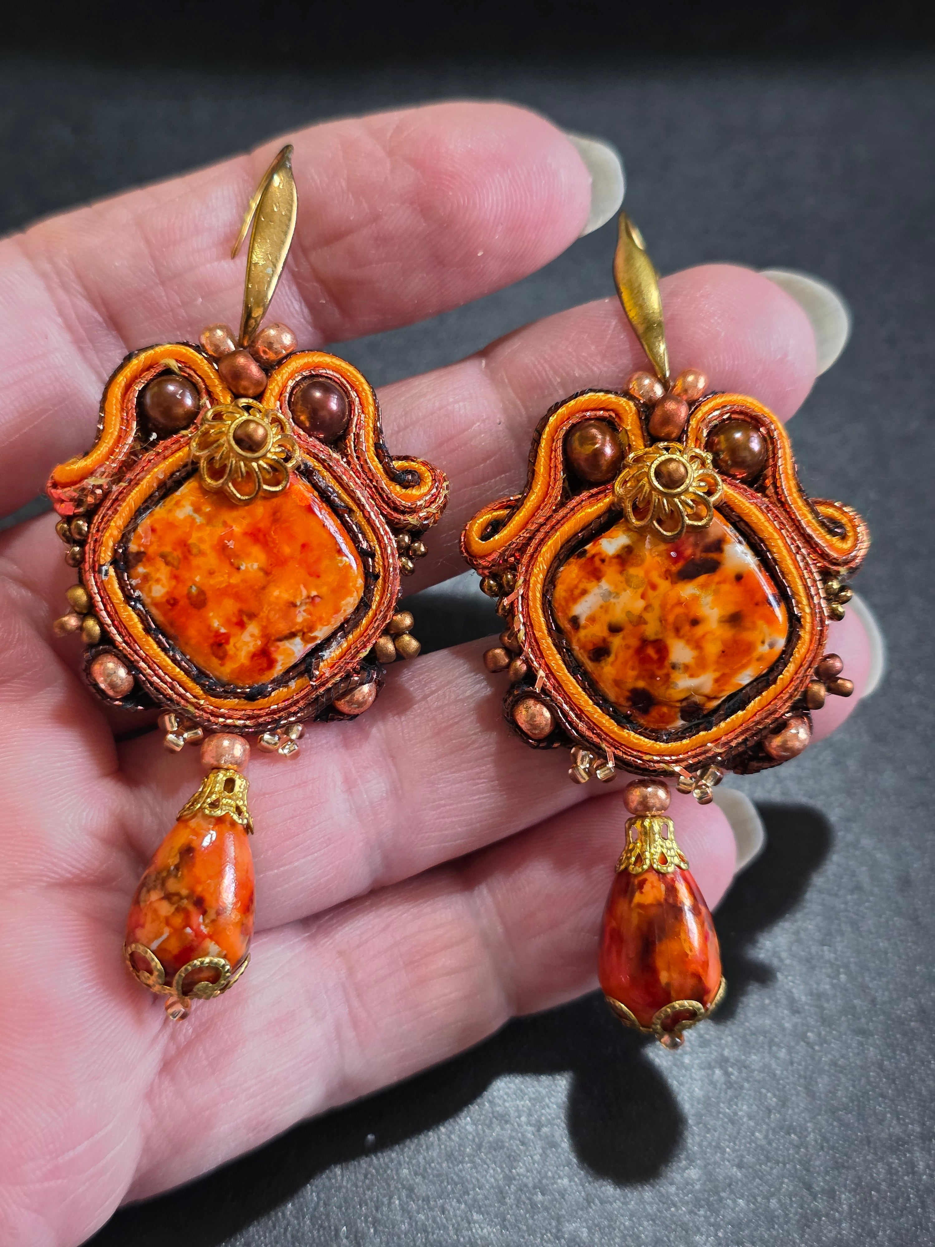 Soutache Earrings in Orange and Gold - Handmade Statement Jewelry 7.5cm (3in)