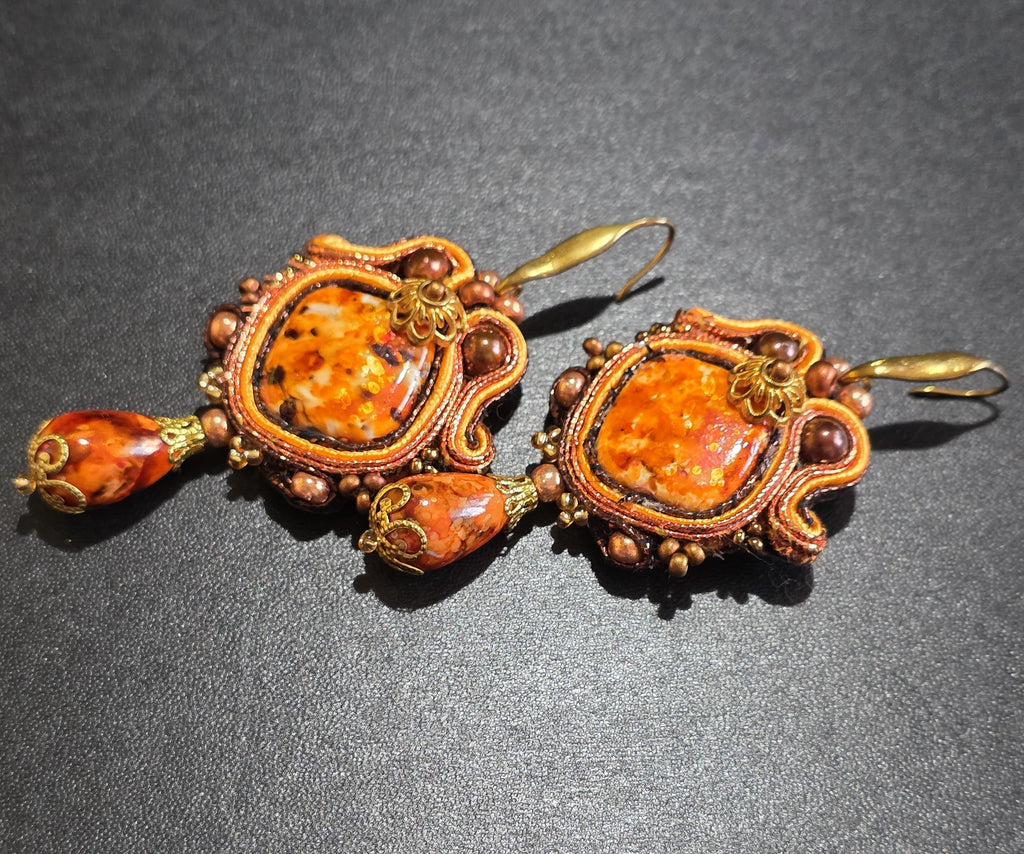 Soutache Earrings in Orange and Gold - Handmade Statement Jewelry 7.5cm (3in)