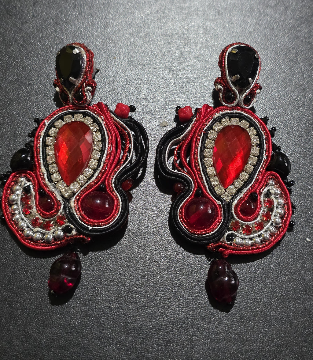 Red & Black Soutache Earrings - Handmade Statement Jewelry 8cm (3.1in)