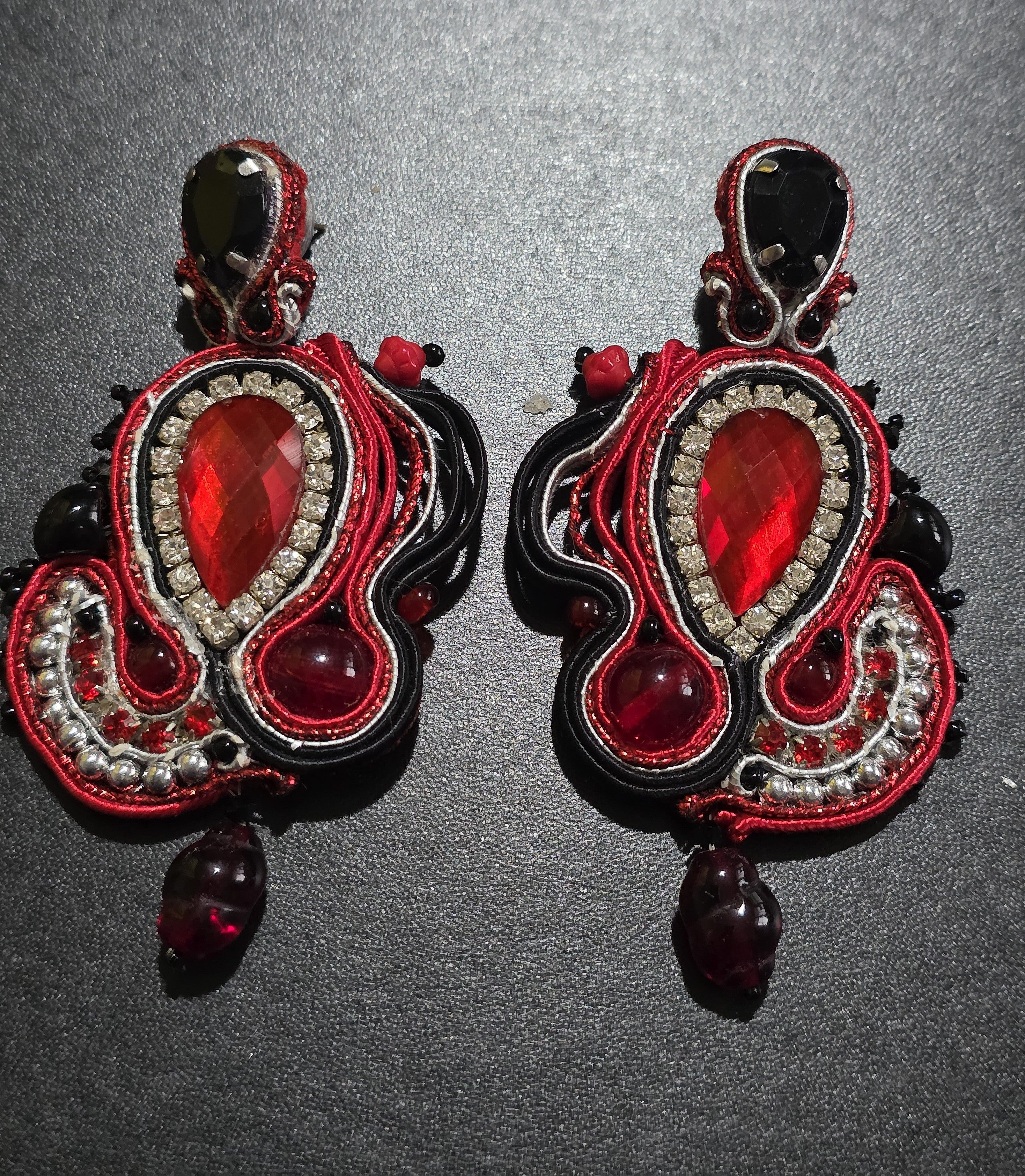 Red & Black Soutache Earrings - Handmade Statement Jewelry 8cm (3.1in)
