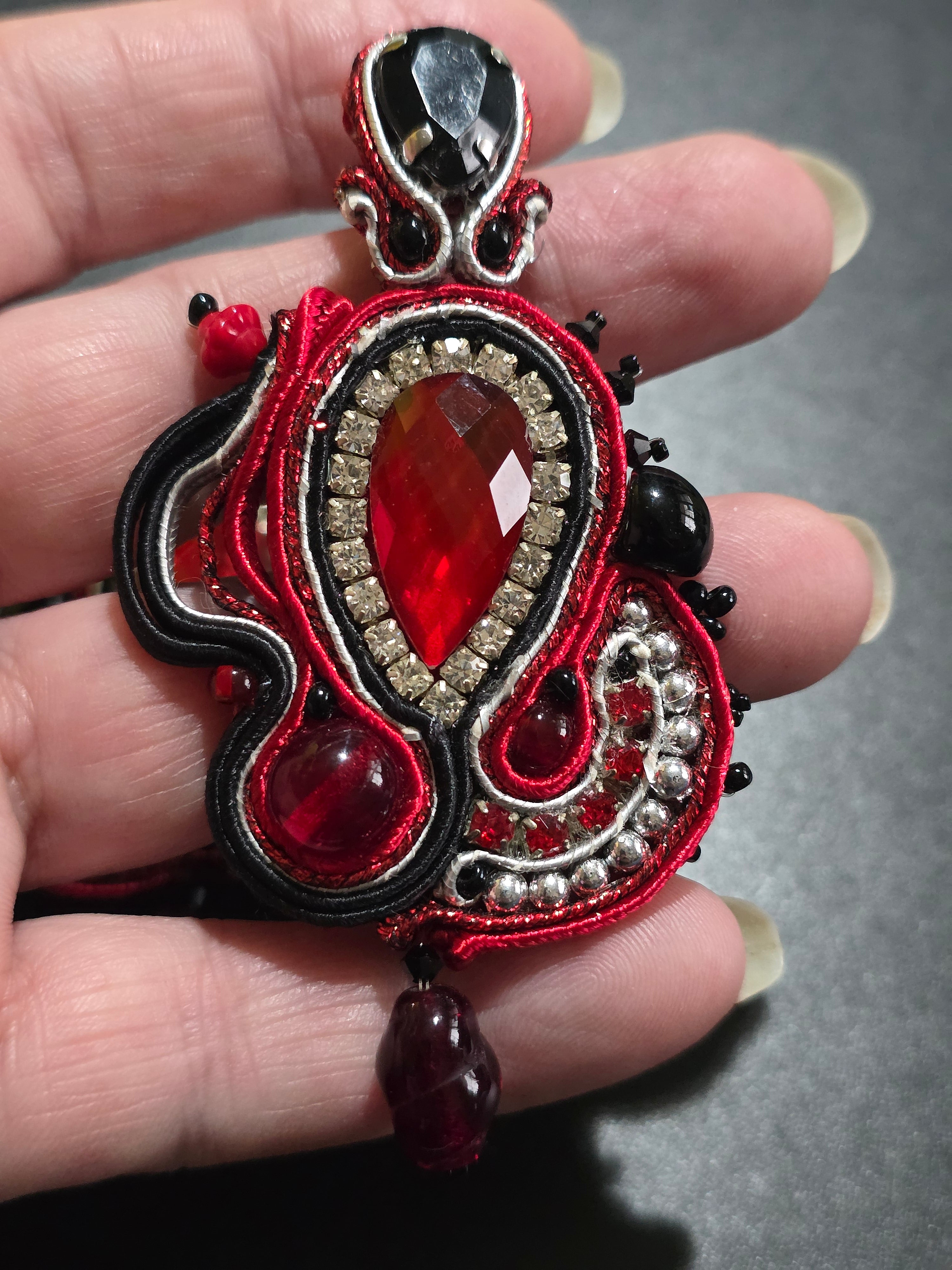 Red & Black Soutache Earrings - Handmade Statement Jewelry 8cm (3.1in)