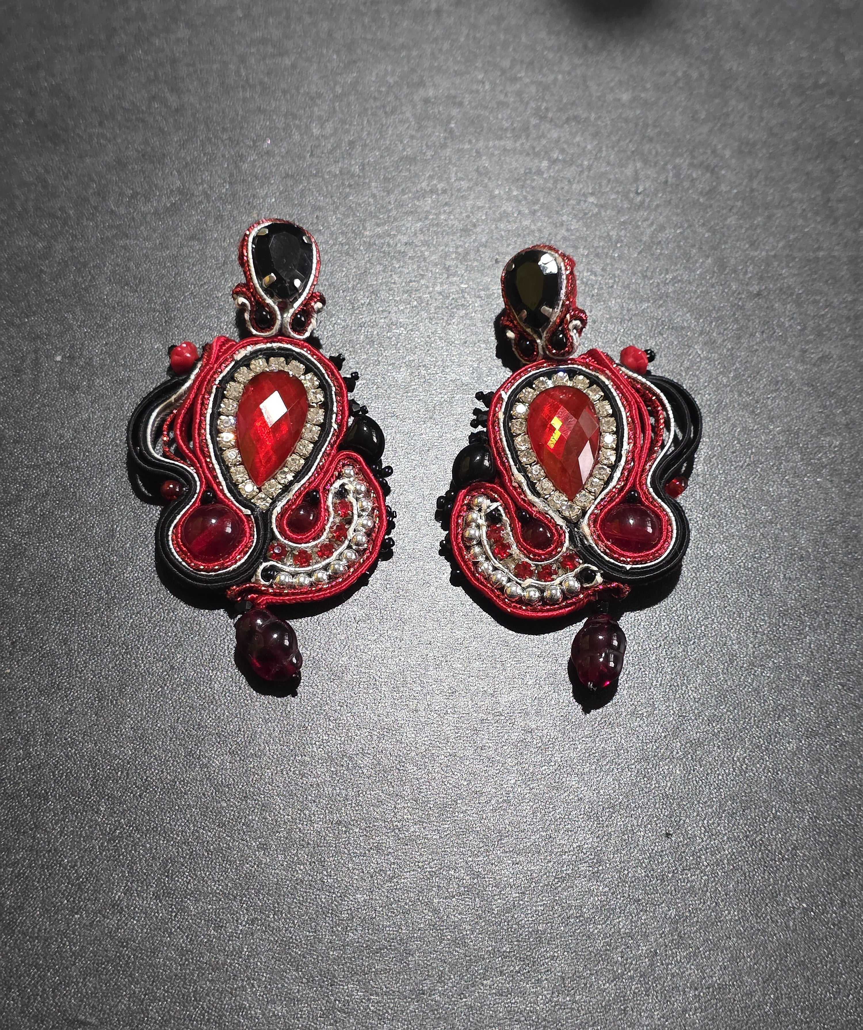 Red & Black Soutache Earrings - Handmade Statement Jewelry 8cm (3.1in)