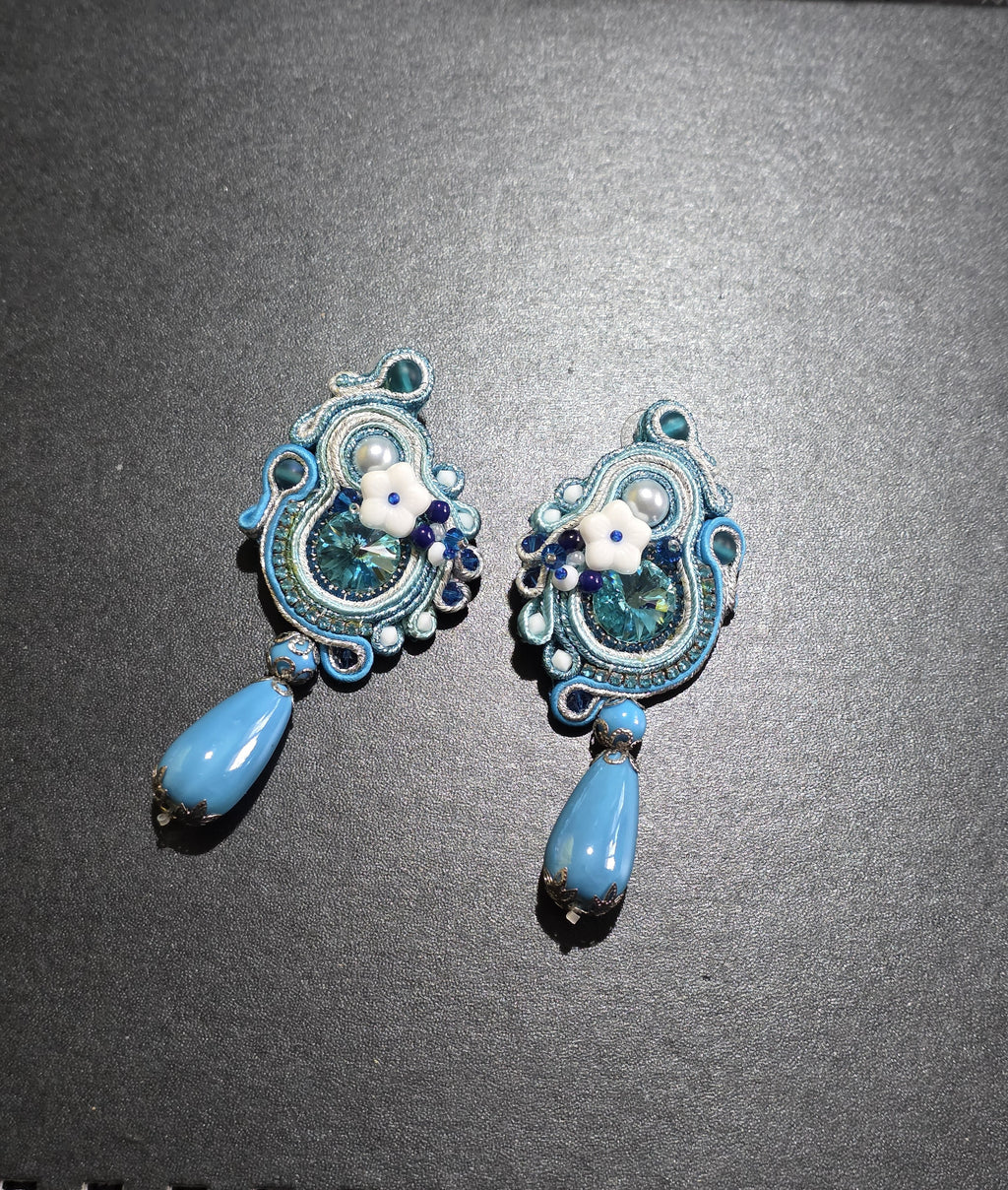 Blue & Silver Soutache Earrings - Handmade Statement Jewelry 9cm (3.5in)