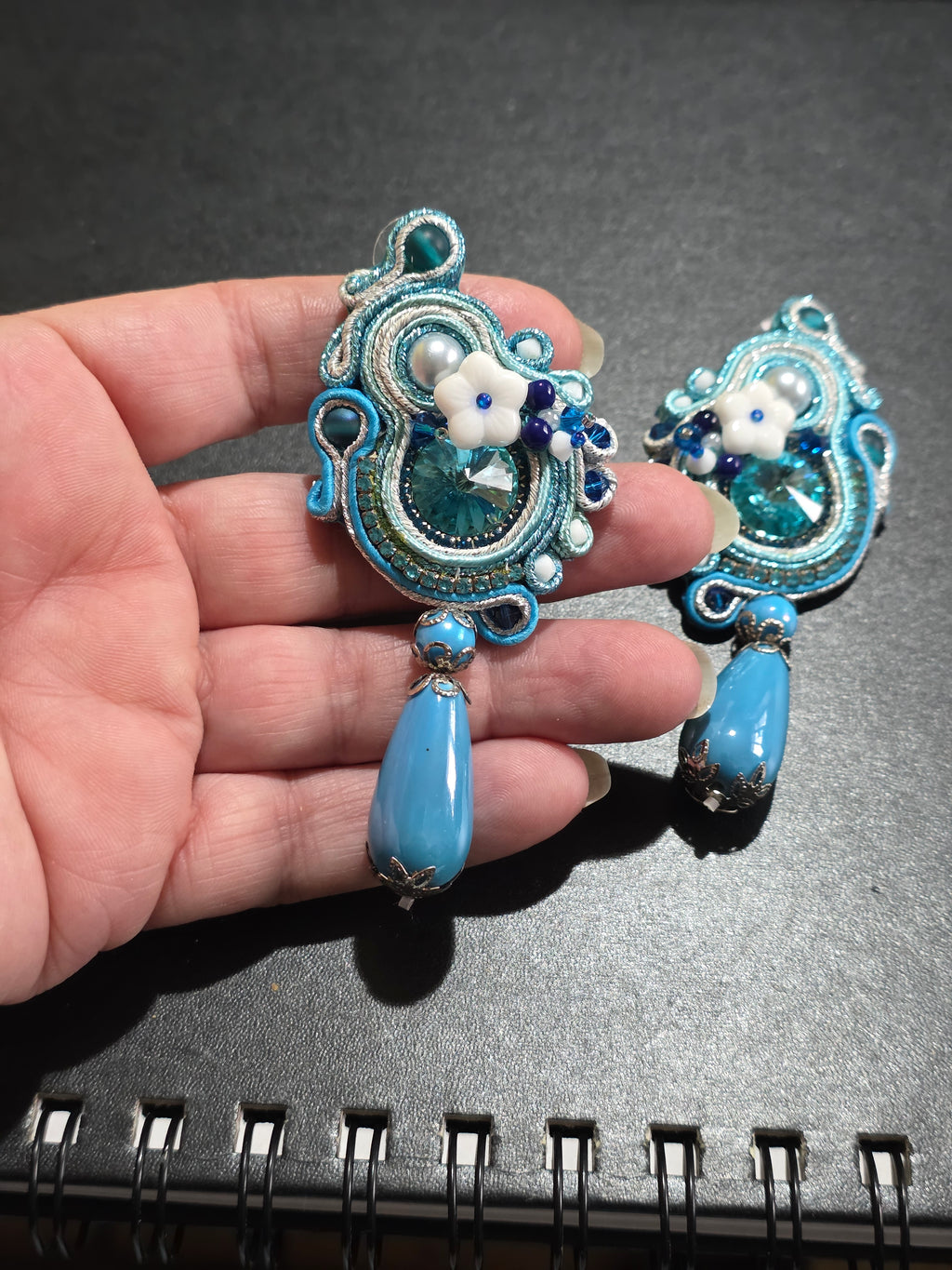 Blue & Silver Soutache Earrings - Handmade Statement Jewelry 9cm (3.5in)