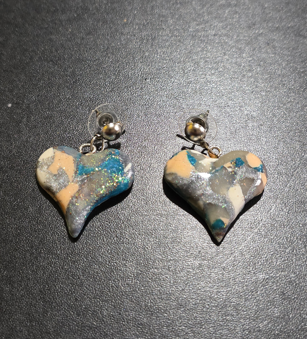 Ocean Heart Stud Earrings - Handmade Polymer Clay Resin Sealed 3cm (1.2in)