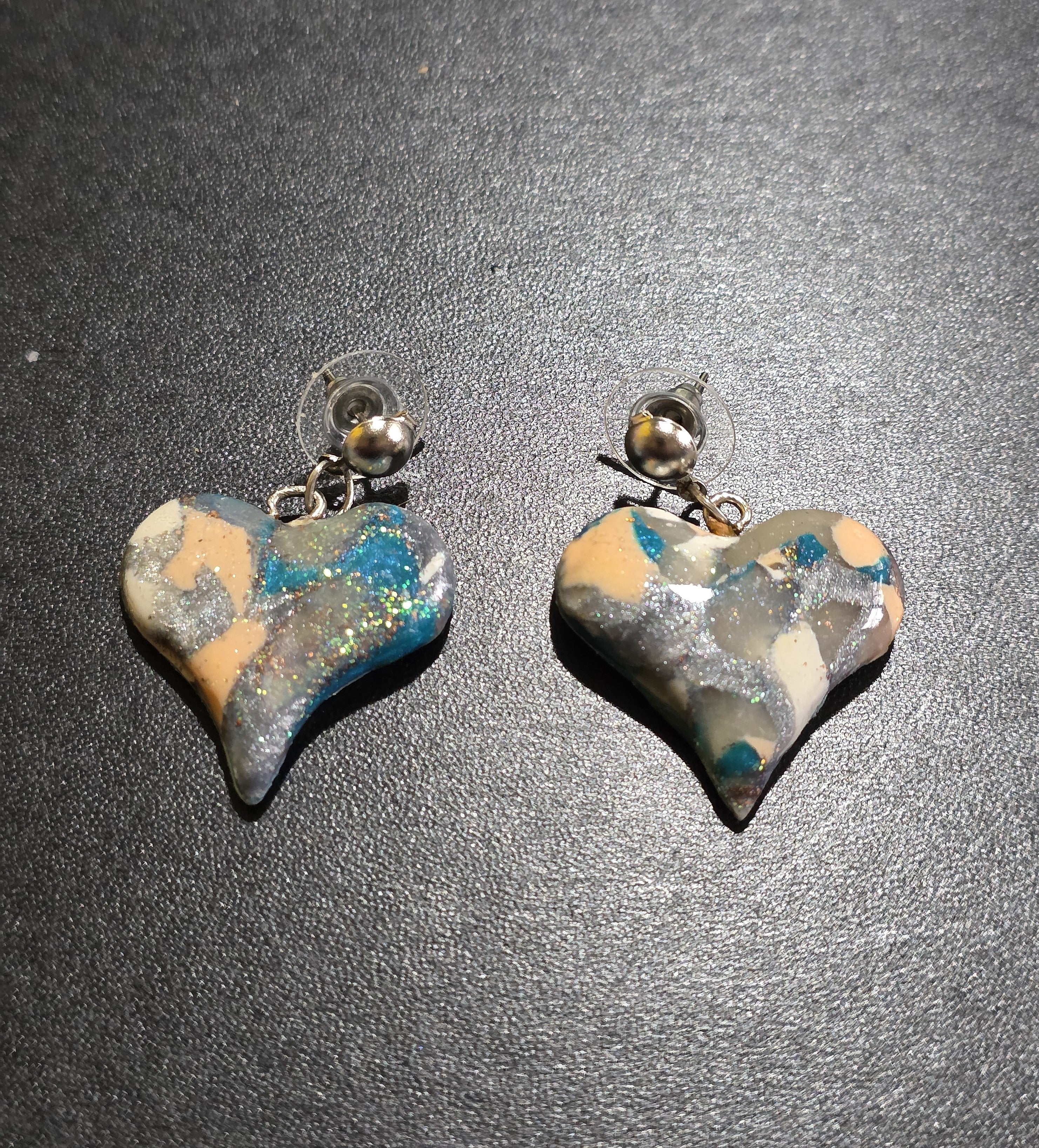 Ocean Heart Stud Earrings - Handmade Polymer Clay Resin Sealed 3cm (1.2in)