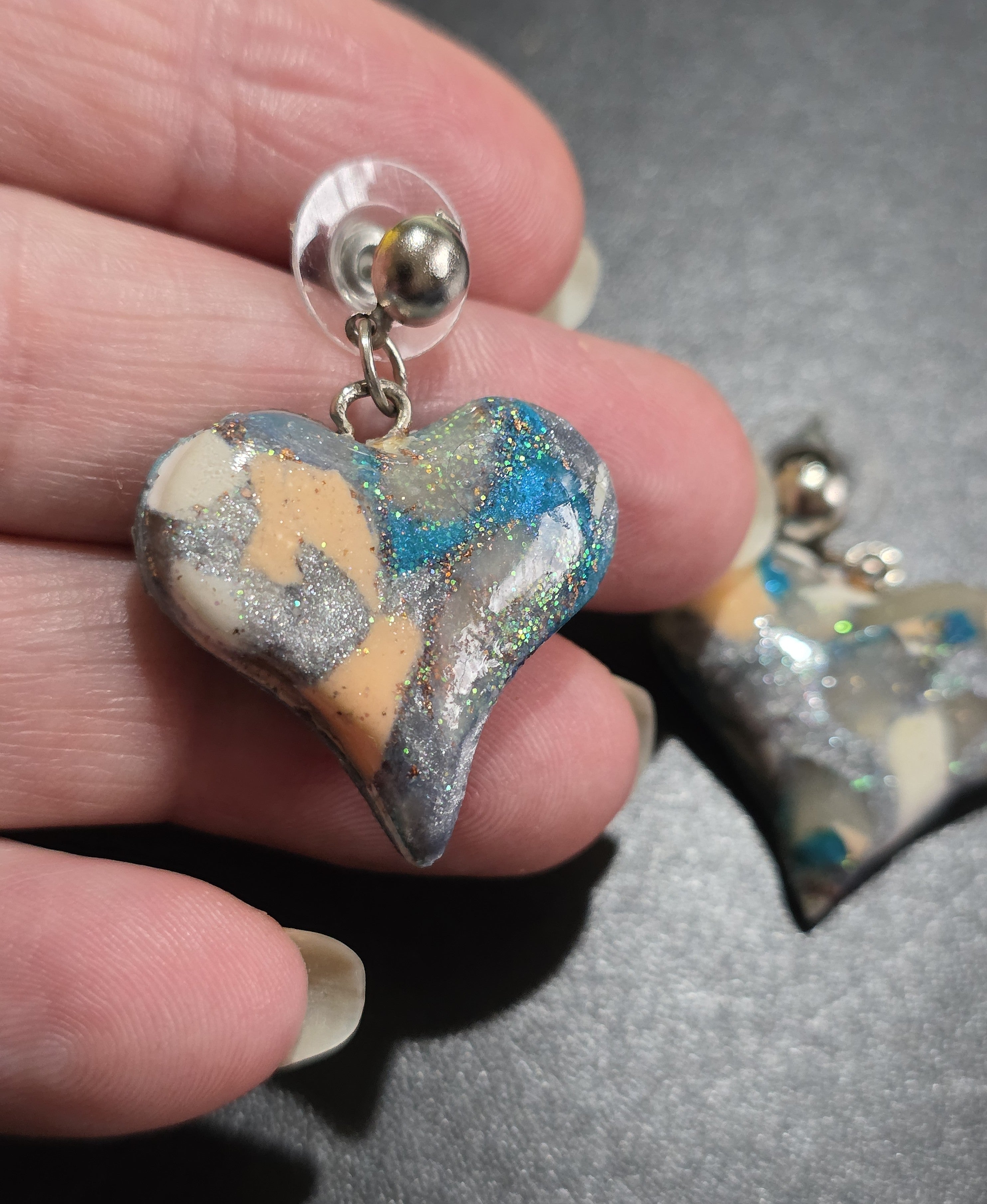 Ocean Heart Stud Earrings - Handmade Polymer Clay Resin Sealed 3cm (1.2in)