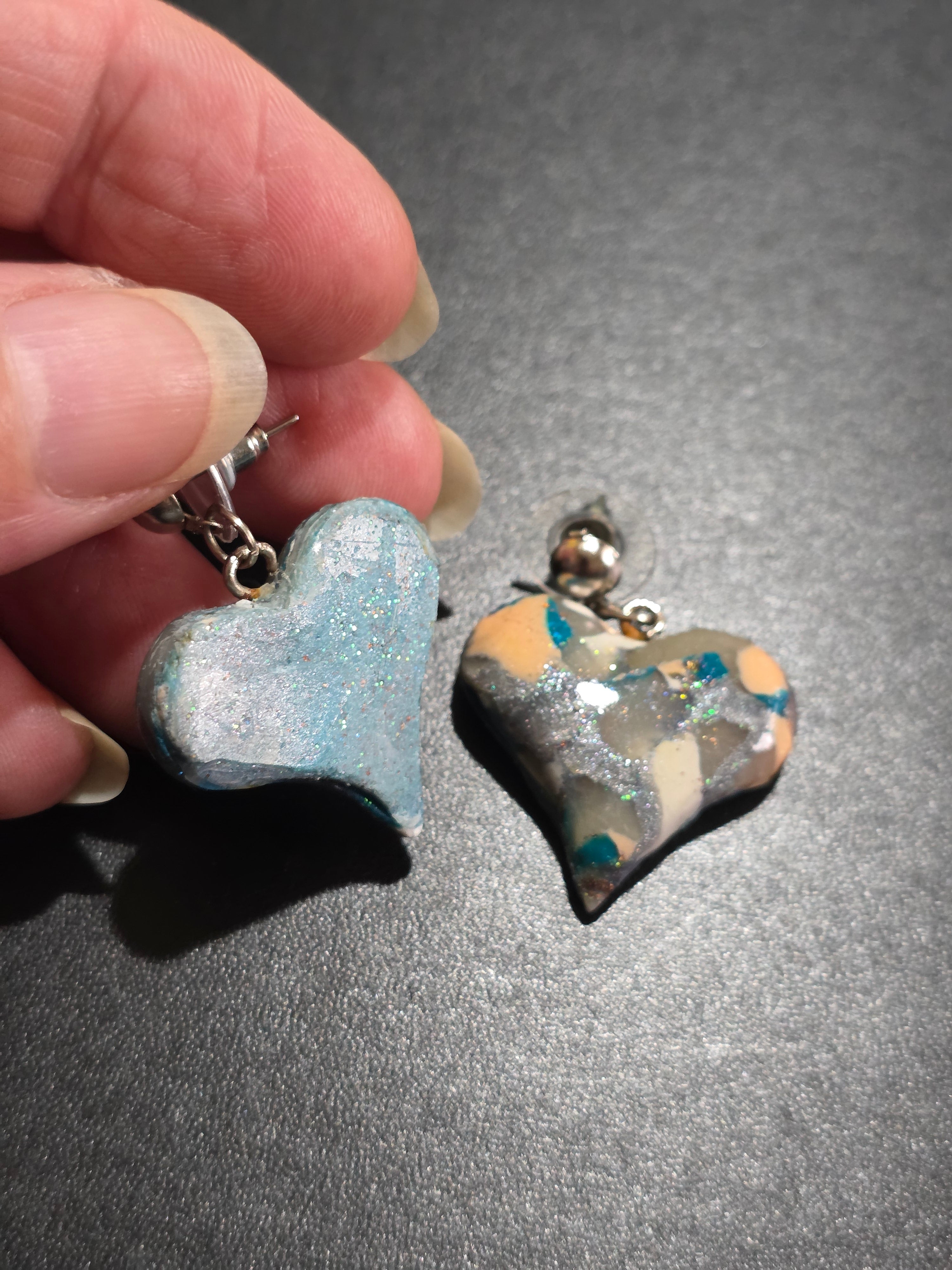 Ocean Heart Stud Earrings - Handmade Polymer Clay Resin Sealed 3cm (1.2in)