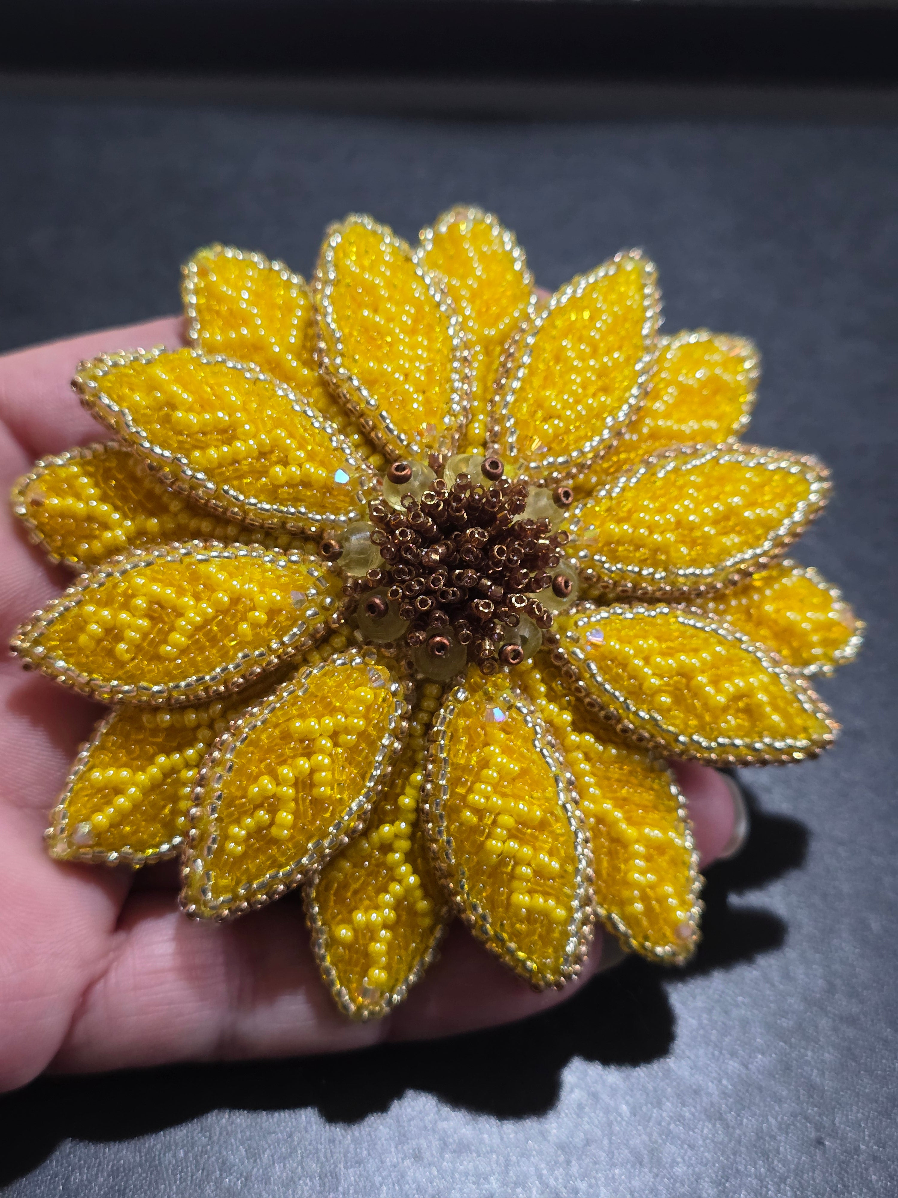 Sunflower Brooch Pin - Handmade Beaded Statement Jewelry 10cm (3.9in)