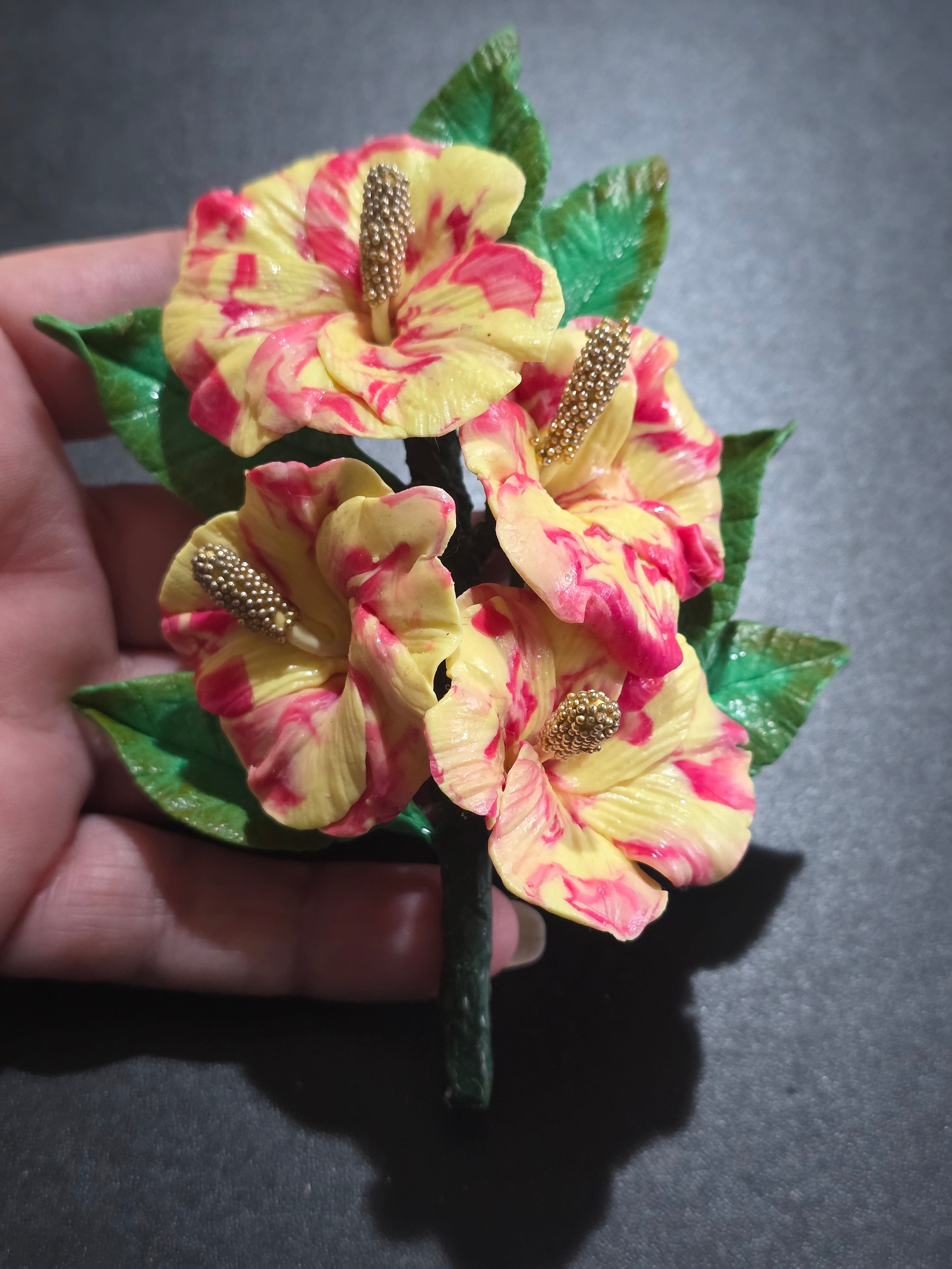 Tropical Hibiscus Brooch Pin - Handmade Polymer Clay Flower 12cm (4.7in)