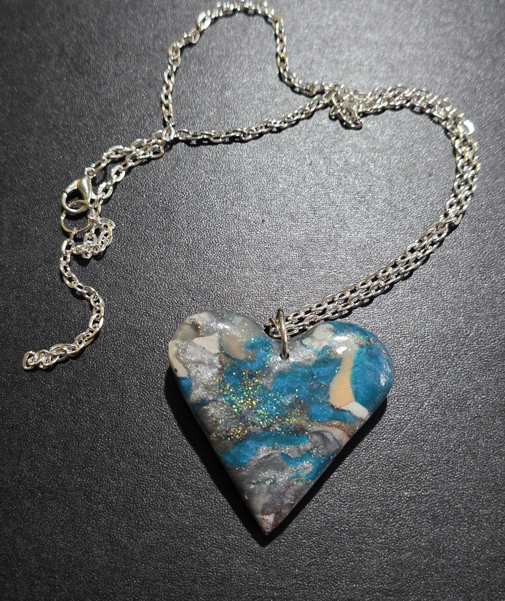 Ocean Waves Heart Necklace - Handmade Polymer Clay Resin Sealed 45cm (17.7in)