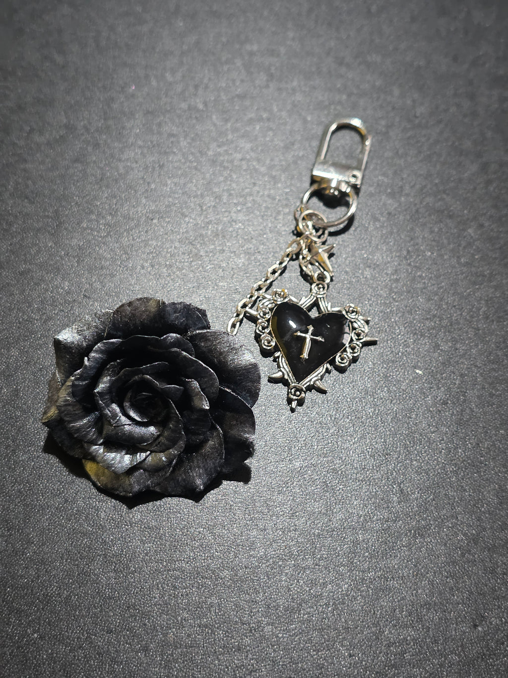 Gothic Black Rose Keychain - Handmade Bag Charm with Cross Heart 12cm (4.7in)