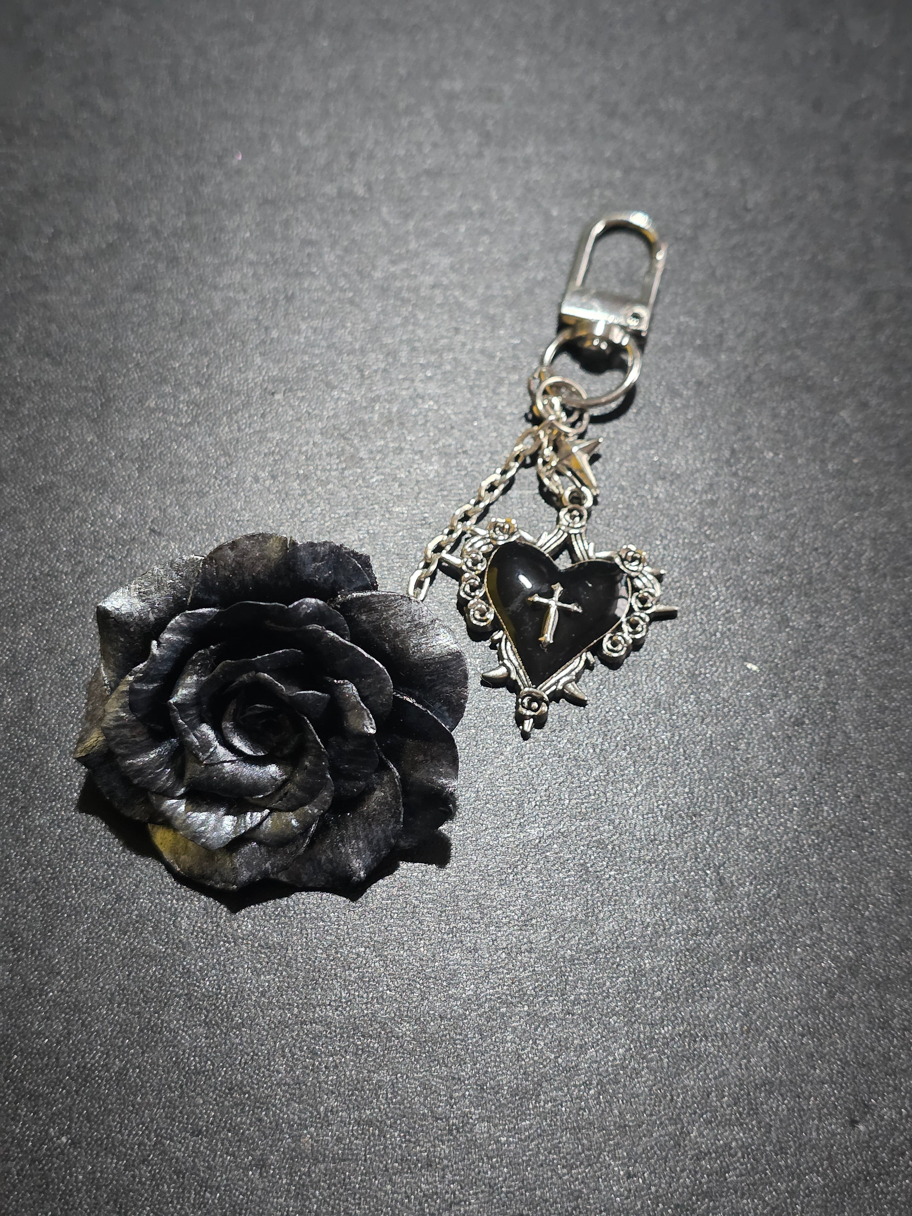 Gothic Black Rose Keychain - Handmade Bag Charm with Cross Heart 12cm (4.7in)