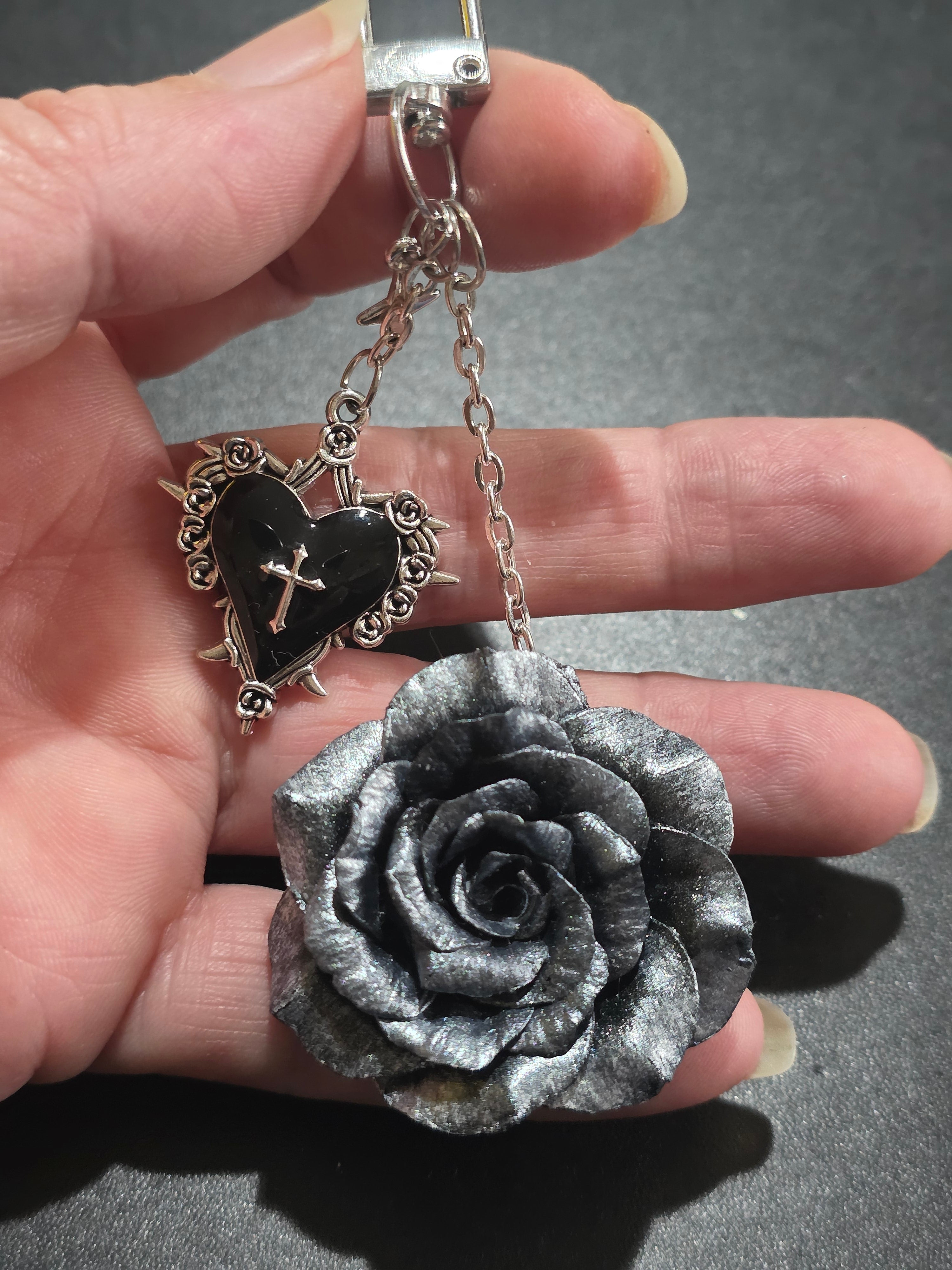 Gothic Black Rose Keychain - Handmade Bag Charm with Cross Heart 12cm (4.7in)