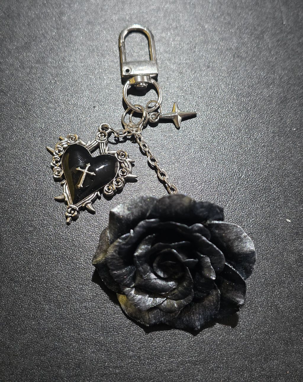 Gothic Black Rose Keychain - Handmade Bag Charm with Cross Heart 12cm (4.7in)